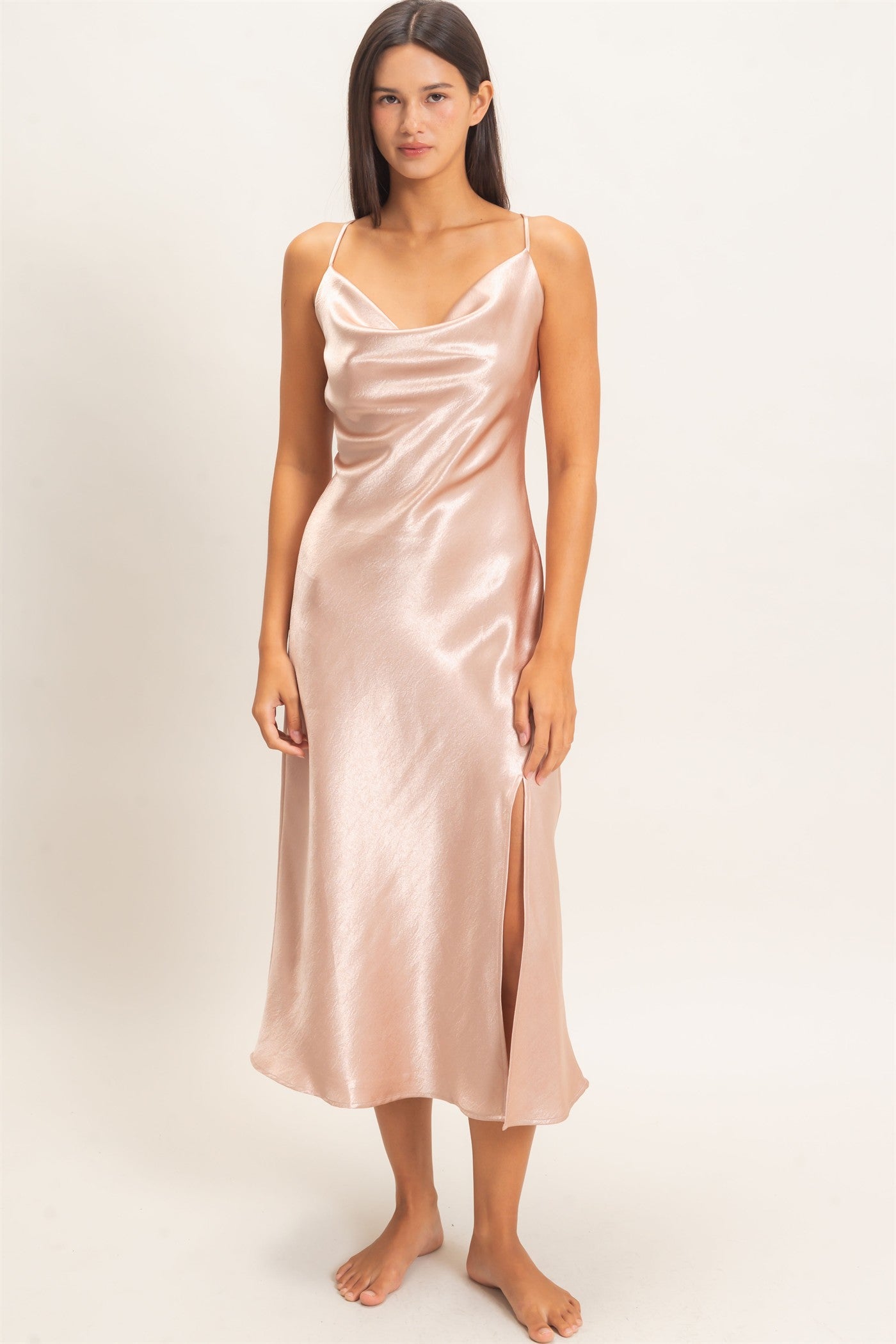 Wholesale Cowl Neck Satin Slip Dress Dresses DZ26E251 DARK TAUPE DOUBLE ZERO