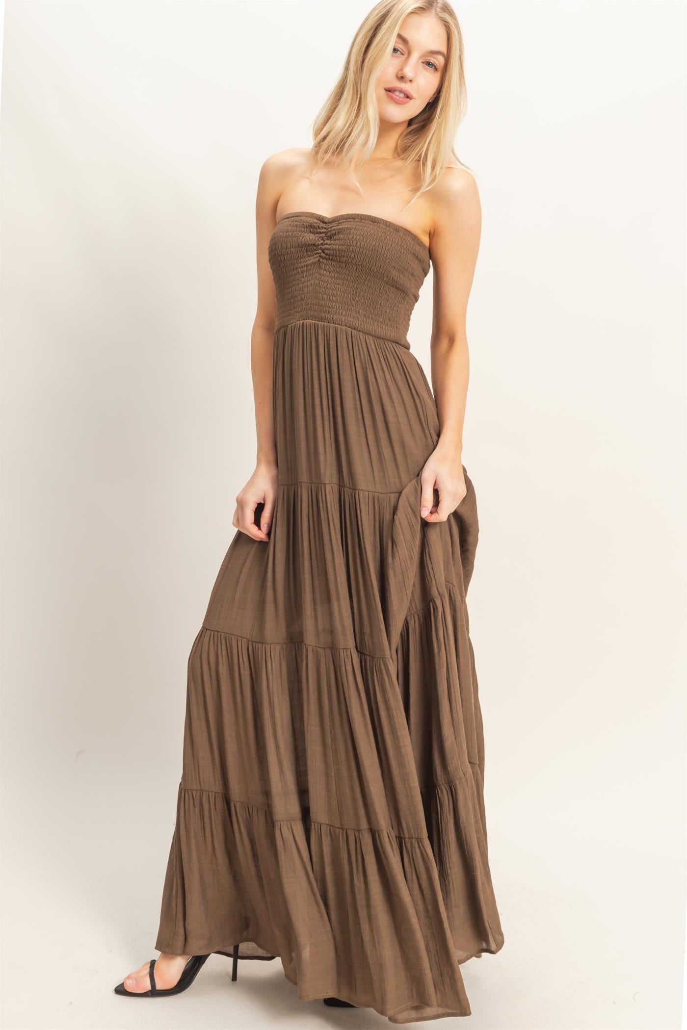 Wholesale Smocked Elastic Neck Maxi Dress Dresses HF26C284-D CHOCOLATE HYFVE