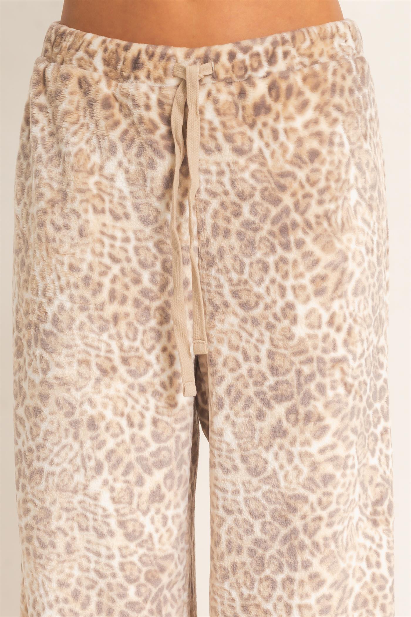 Wholesale Leopard Print Fleece Wide-Leg Pants Pants DZ26E829 BEIGE DOUBLE ZERO