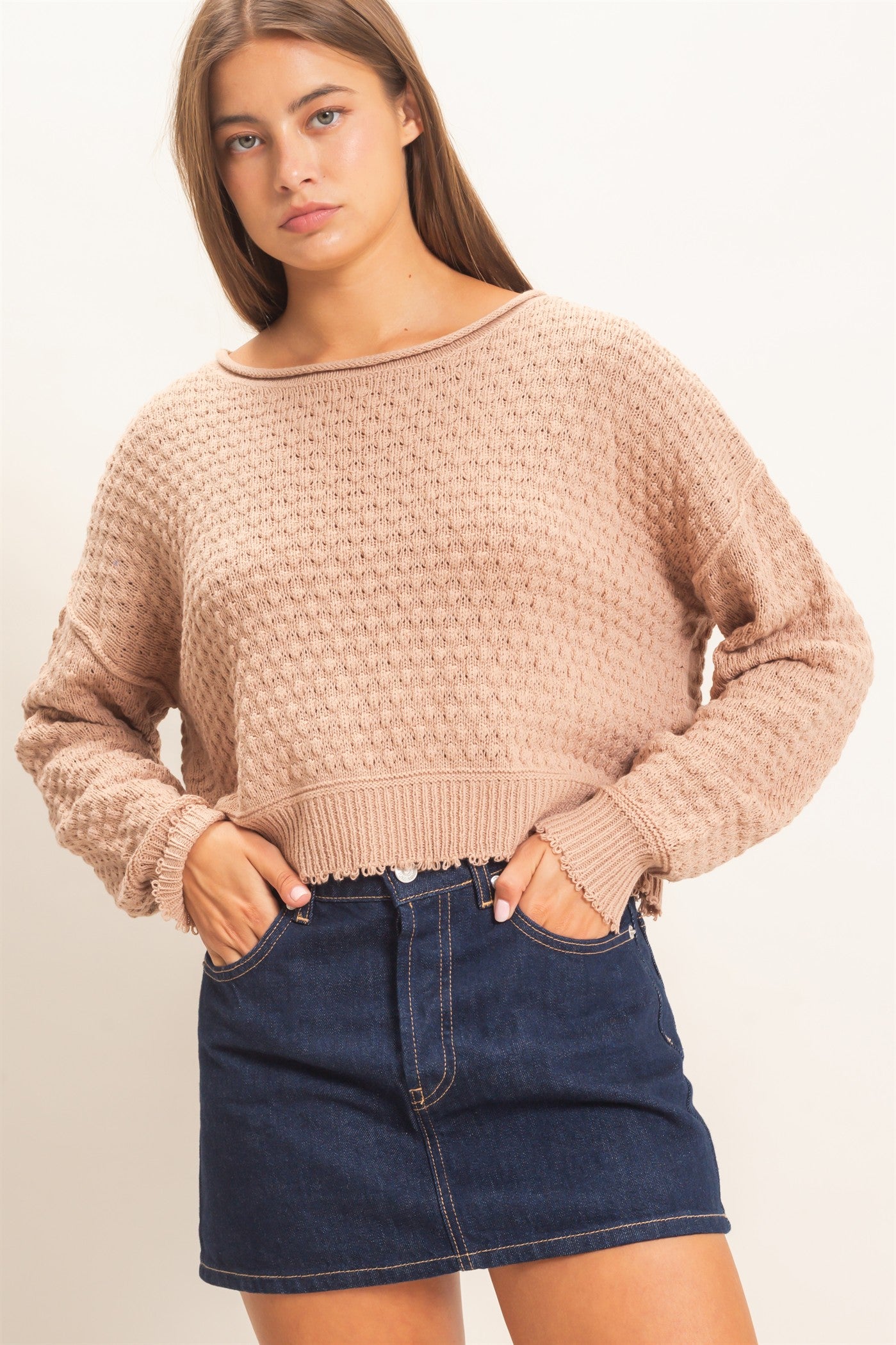 Wholesale Textured Boat Neck Sweater Sweaters DZ26E880 DARK TAUPE DOUBLE ZERO