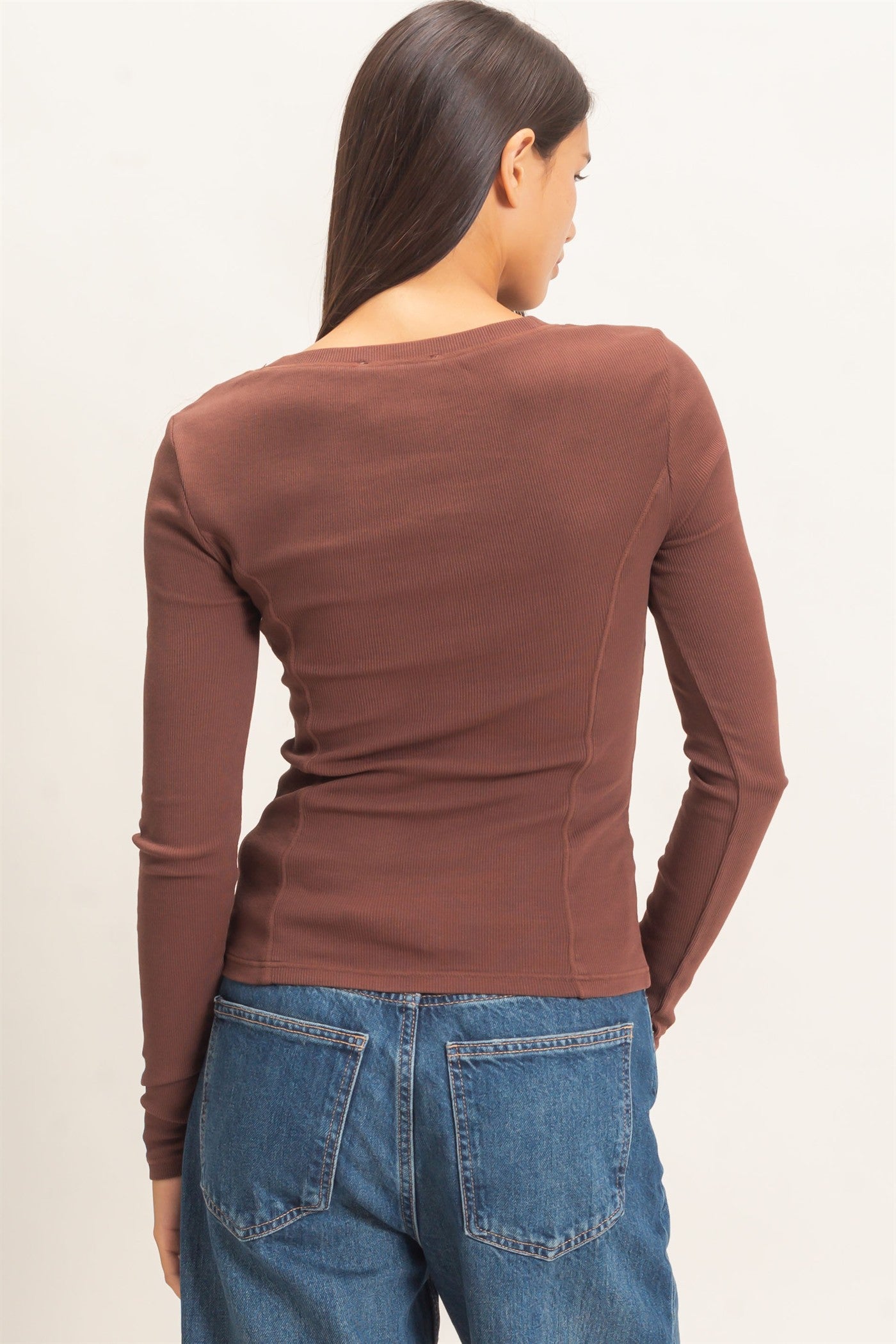 Wholesale Pigment Dye Seam Detail Scoop Neck Top Clothing Tops DZ26E242 DARK BROWN DOUBLE ZERO