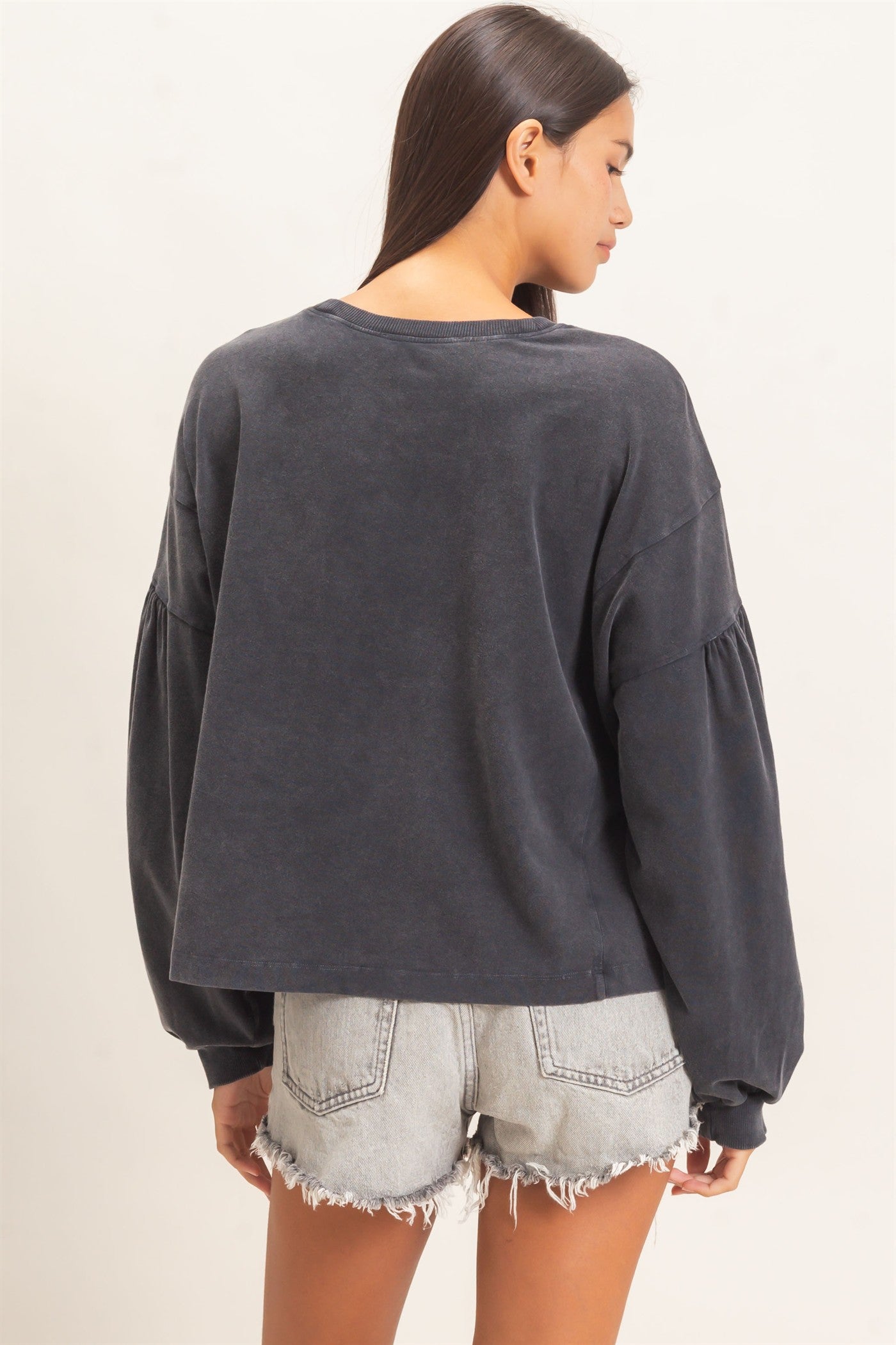 Wholesale Mineral Wash Puff Long Sleeve Boxy Top Clothing Tops DZ26F402 BLACK DOUBLE ZERO
