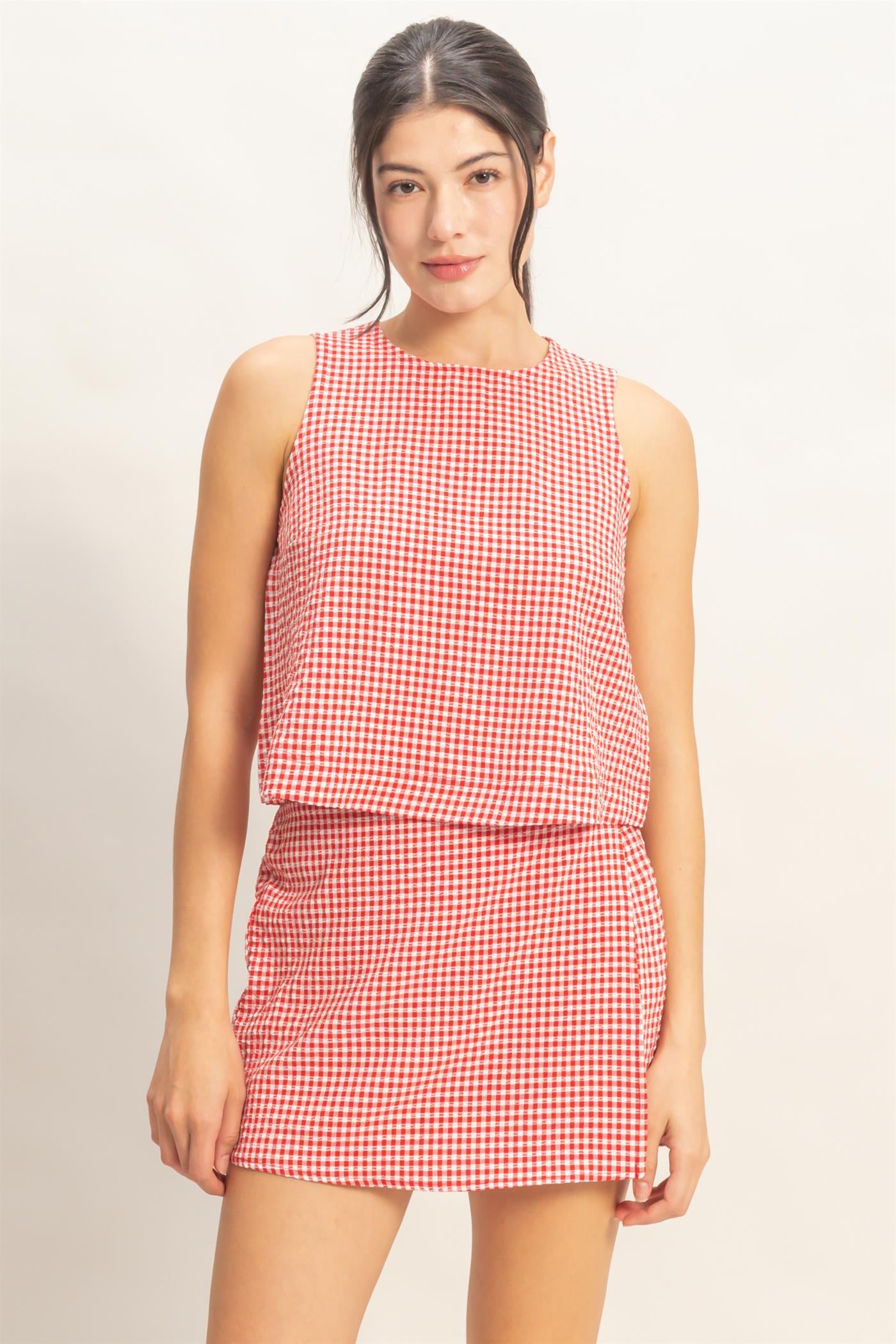 Wholesale Gingham Checkered Sleeveless Top And Skort Set Clothing DZ26C688-SET RED DOUBLE ZERO