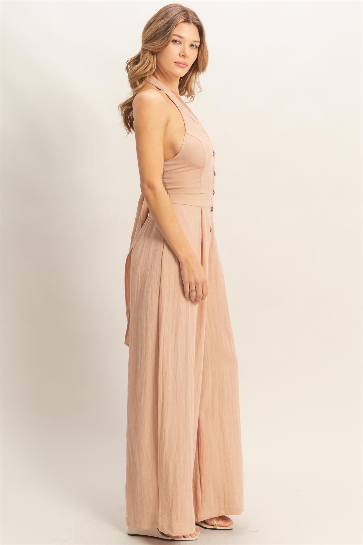 Wholesale Halter Button-Front Jumpsuit Clothing HF26A615-D PEACH BLUSH HYFVE