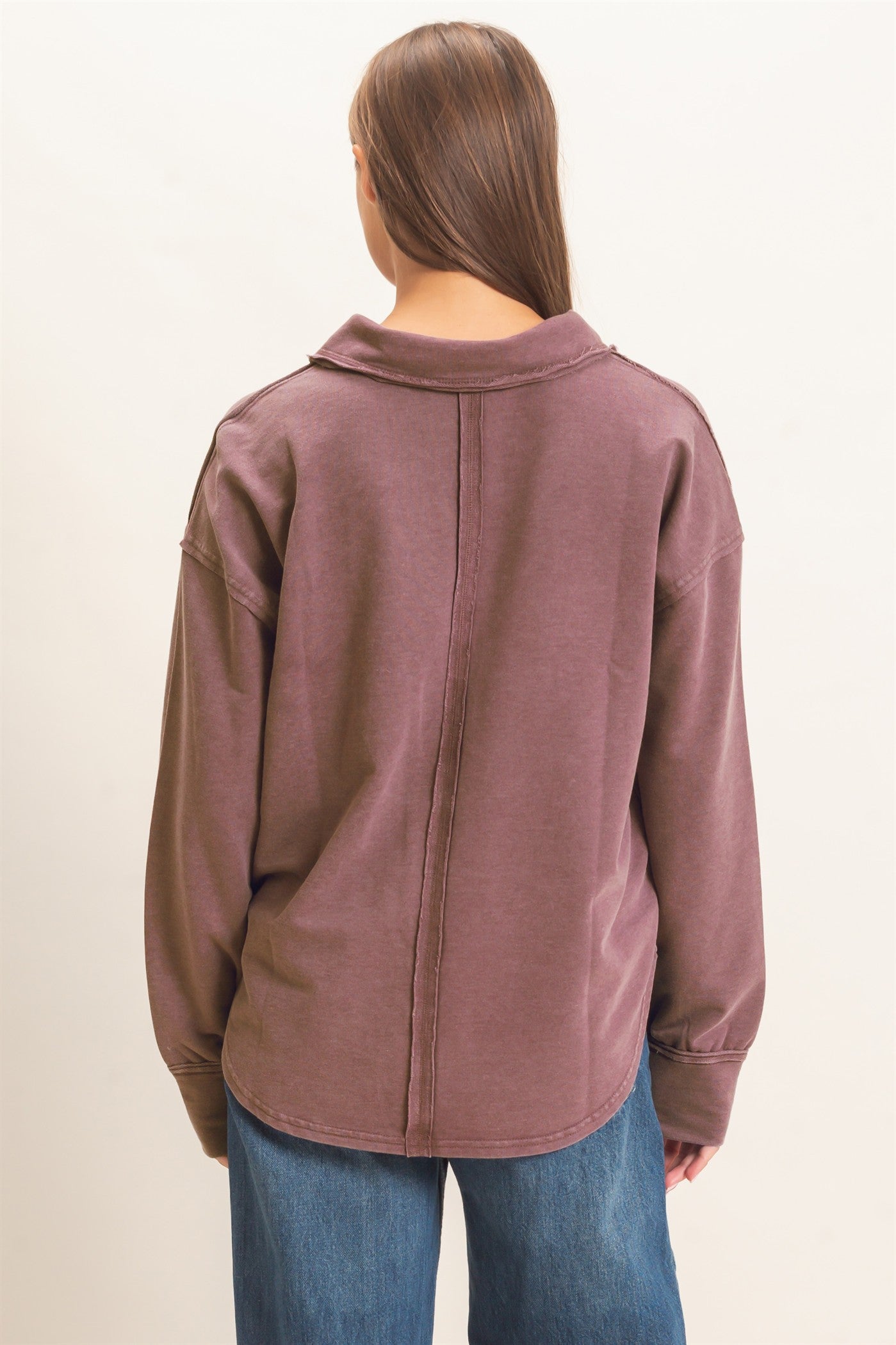 Wholesale Mineral Washed Polo Collar Long Sleeve Top Polos DZ26E887 DARK BROWN DOUBLE ZERO