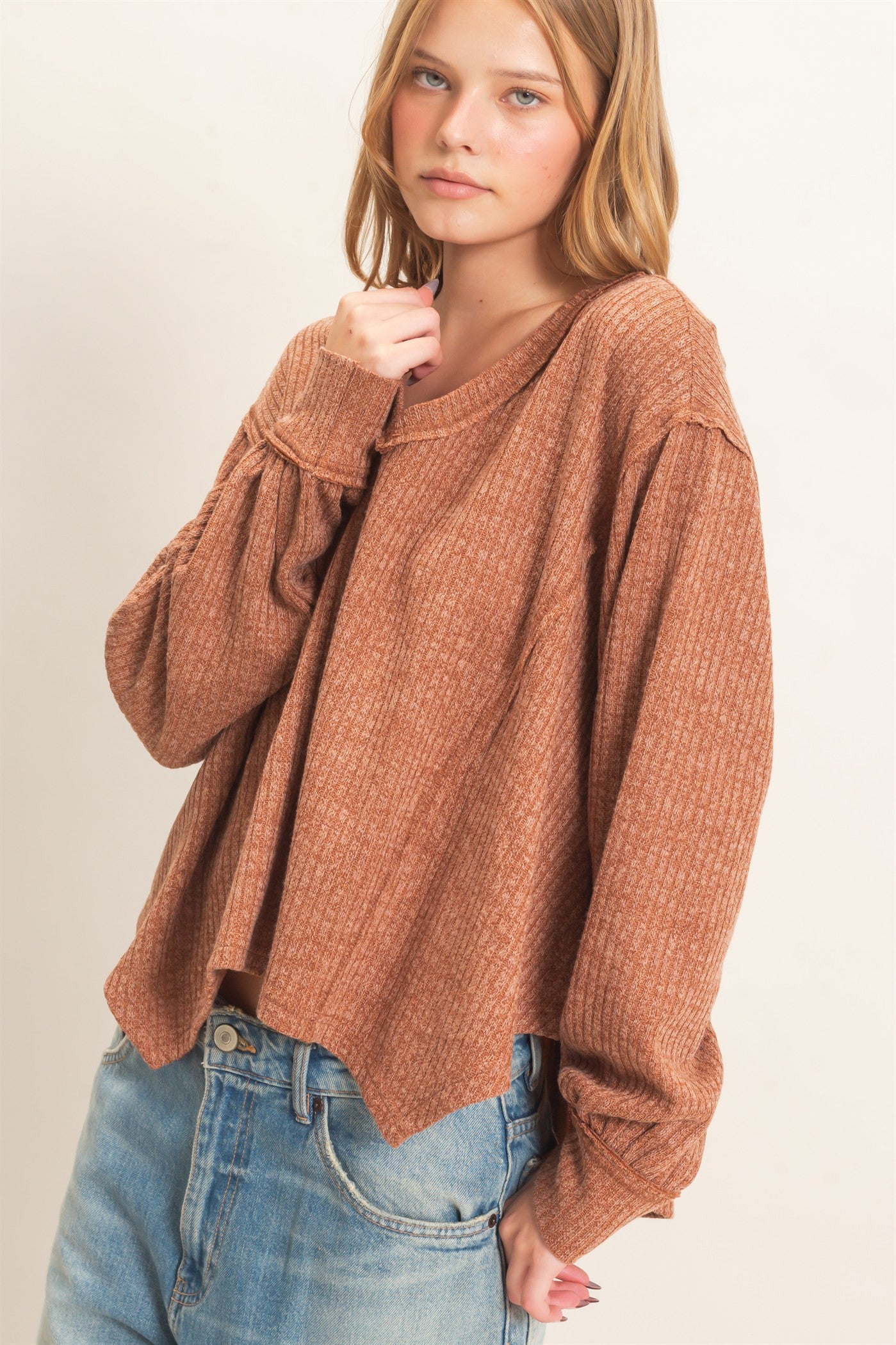 Wholesale Ribbed V-Neck Knit Top Shirts HF26F351 BRICK HYFVE