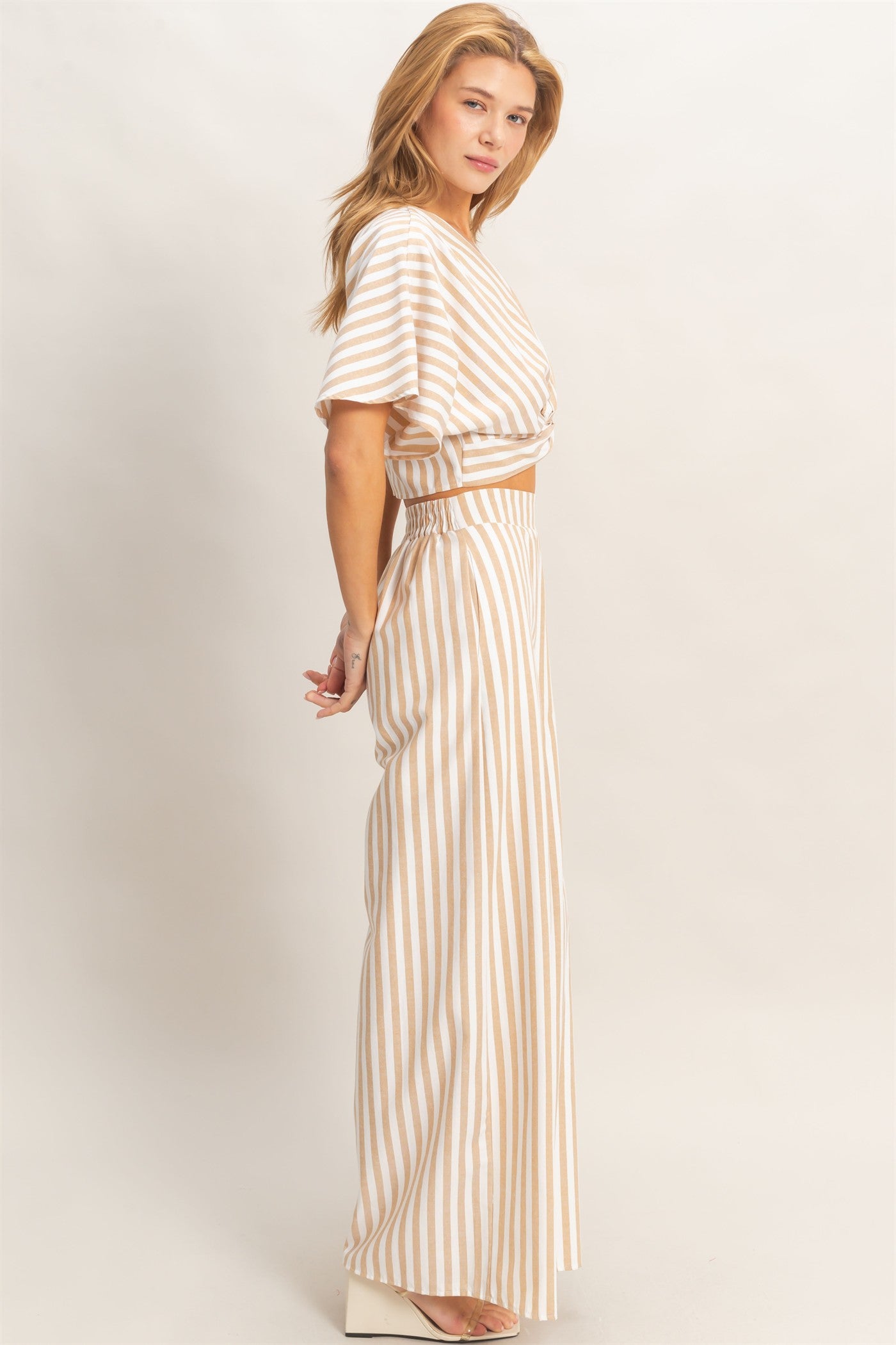 Wholesale Striped Twist Front Top & Pants Clothing HF26A692-SET TAUPE DOUBLE ZERO