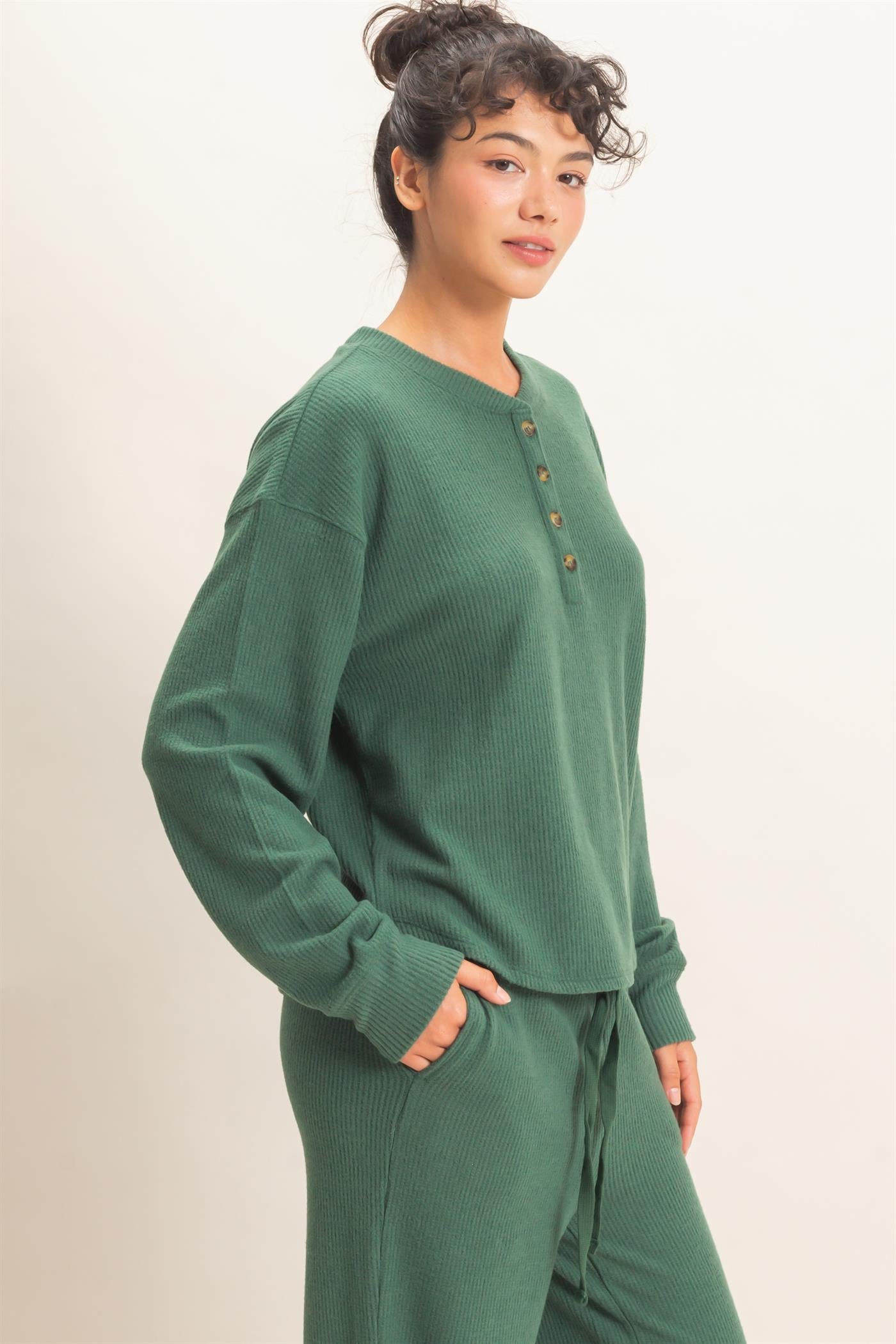Wholesale Brushed Waffle Henley Top Clothing Tops DZ26F314 DARK GREEN DOUBLE ZERO