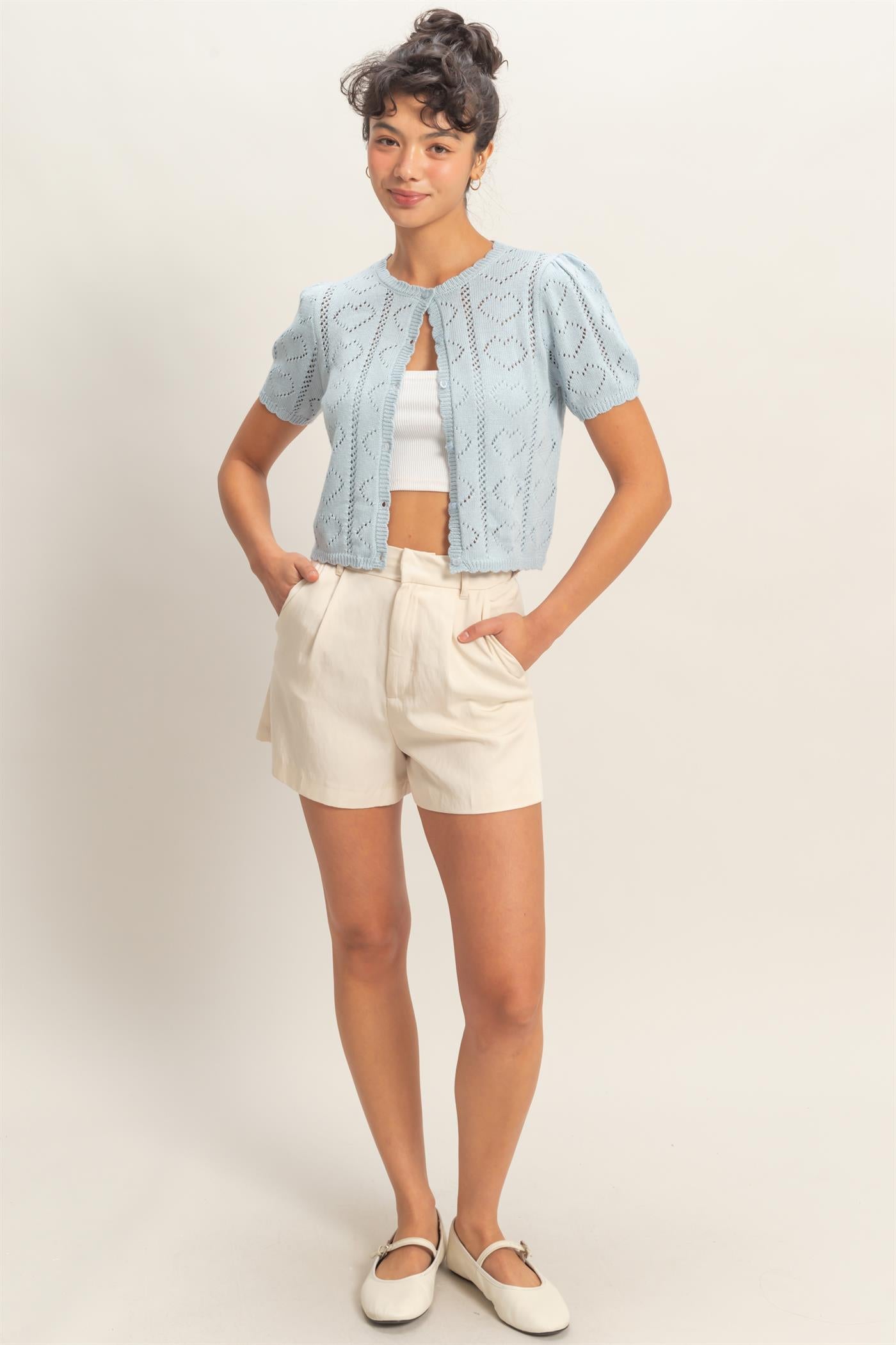 Wholesale Pointelle Knit Puff Sleeve Button Up Cardigan Cardigans DZ26A425 ICE BLUE HYFVE