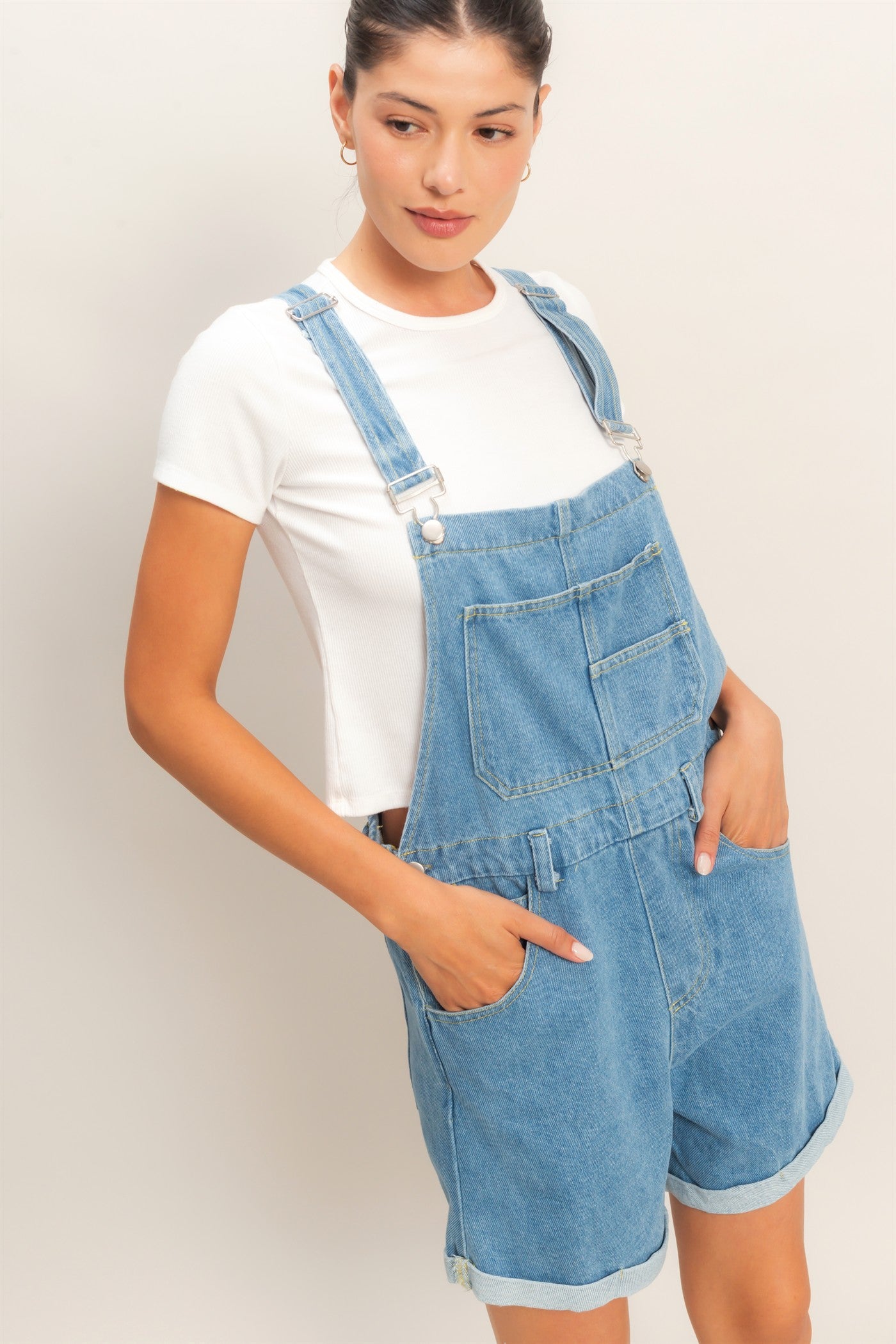 Wholesale Denim Cross Back Overalls Clothing HF26A571 MEDIUM DENIM HYFVE