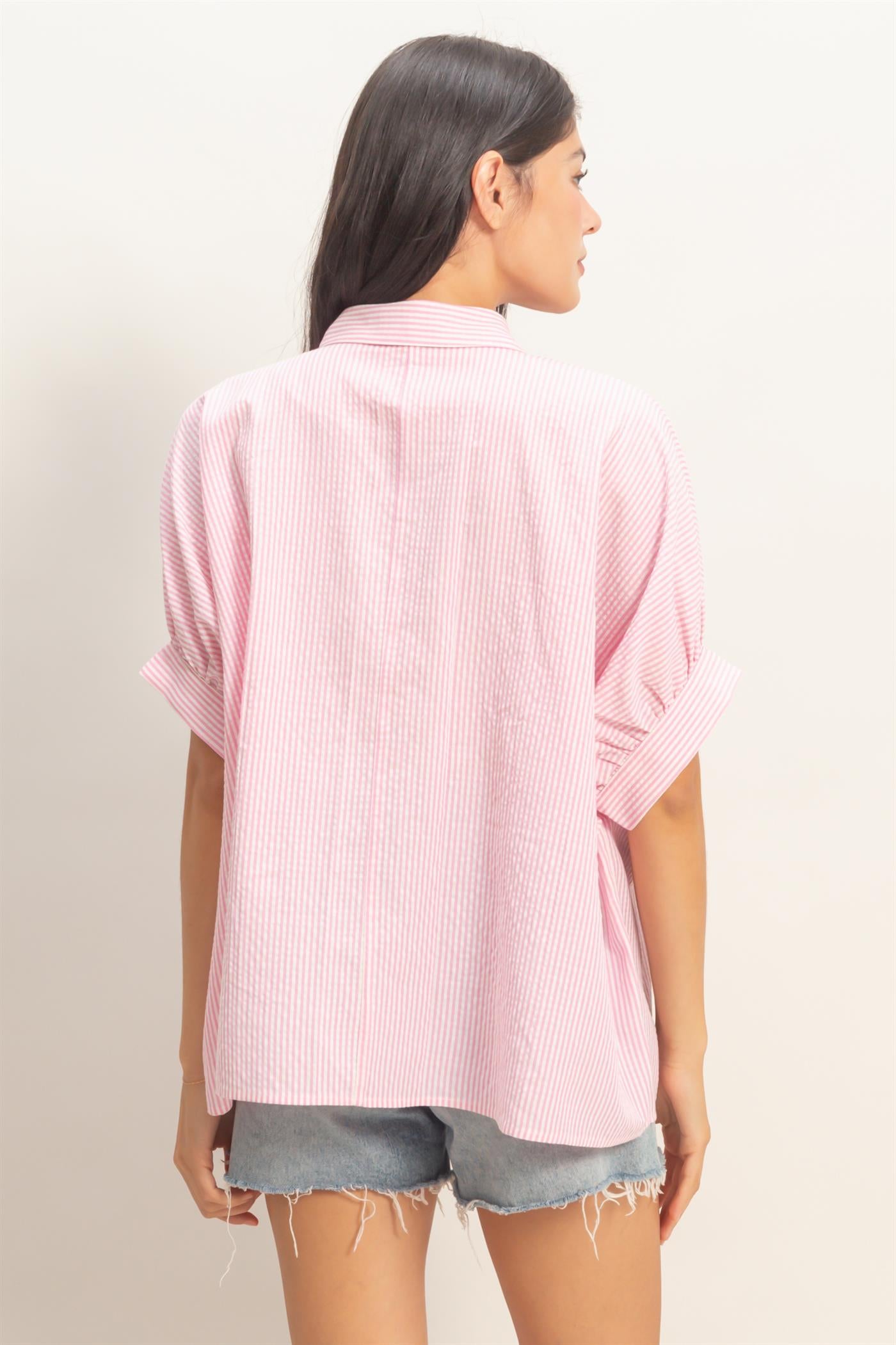 Wholesale Striped Short Sleeve Button-Front Blouse T-Shirts DZ26C276 PINK DOUBLE ZERO