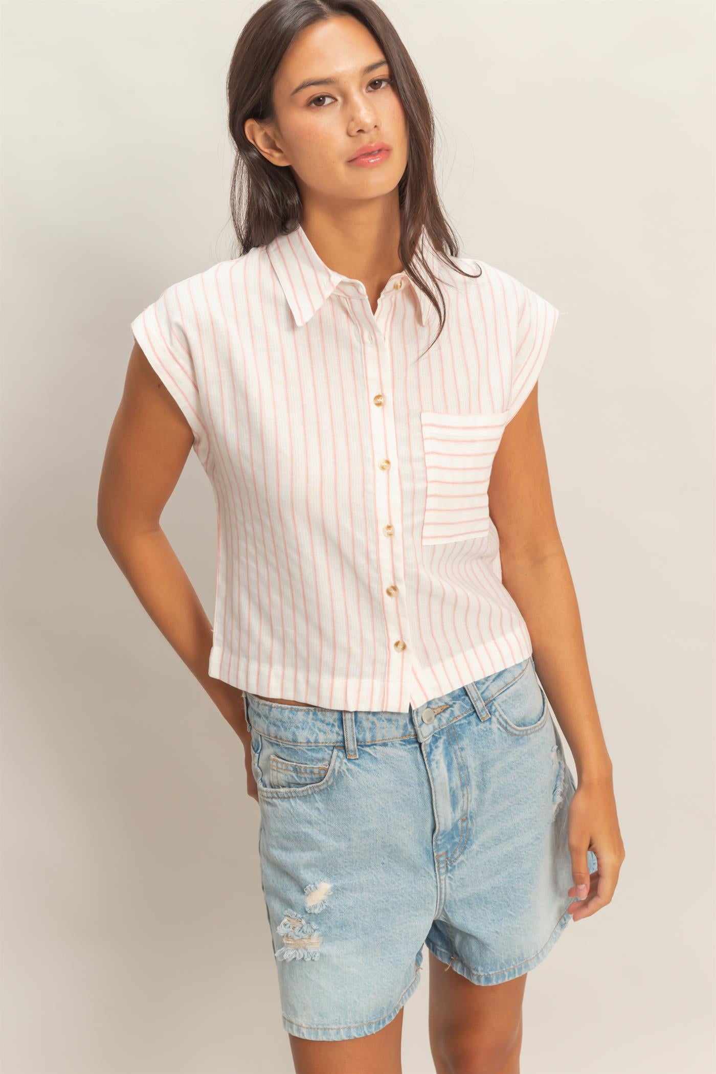 Wholesale Striped Sleeveless Button-Up Shirt Clothing Tops DZ26A206 PINK DOUBLE ZERO