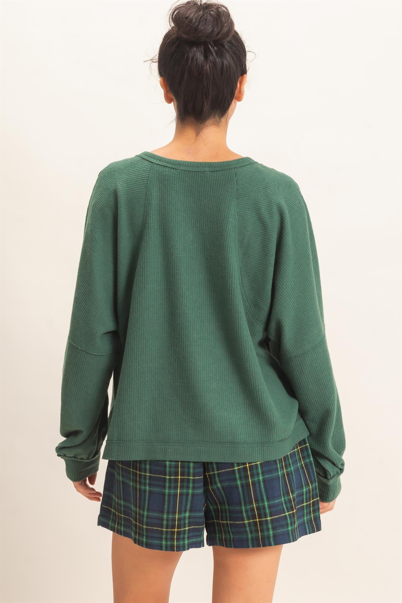 Wholesale Brushed Waffle Long Sleeve Top Clothing Tops DZ26F312 DARK GREEN DOUBLE ZERO