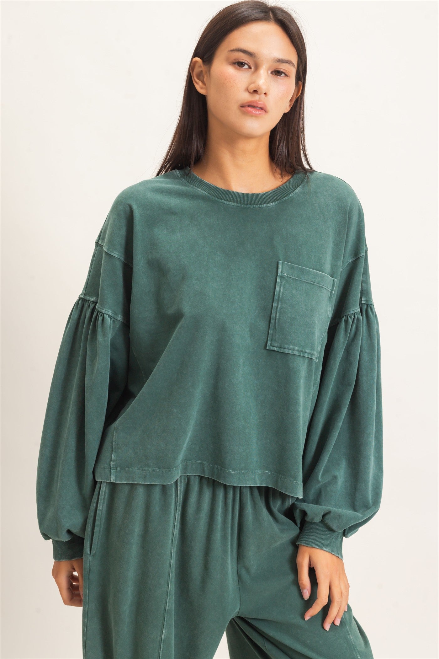 Wholesale Mineral Wash Puff Long Sleeve Boxy Top Clothing Tops DZ26F402 DARK GREEN DOUBLE ZERO