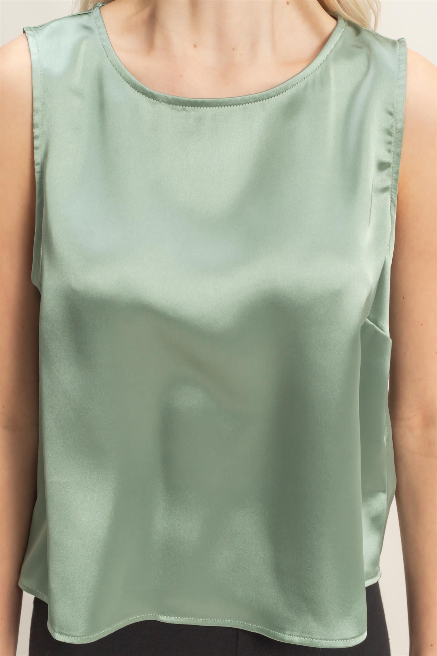 Wholesale Satin Sleeveless Round Neck Top With Back Keyhole Clothing Tops DZ26C084 SAGE GREEN DOUBLE ZERO