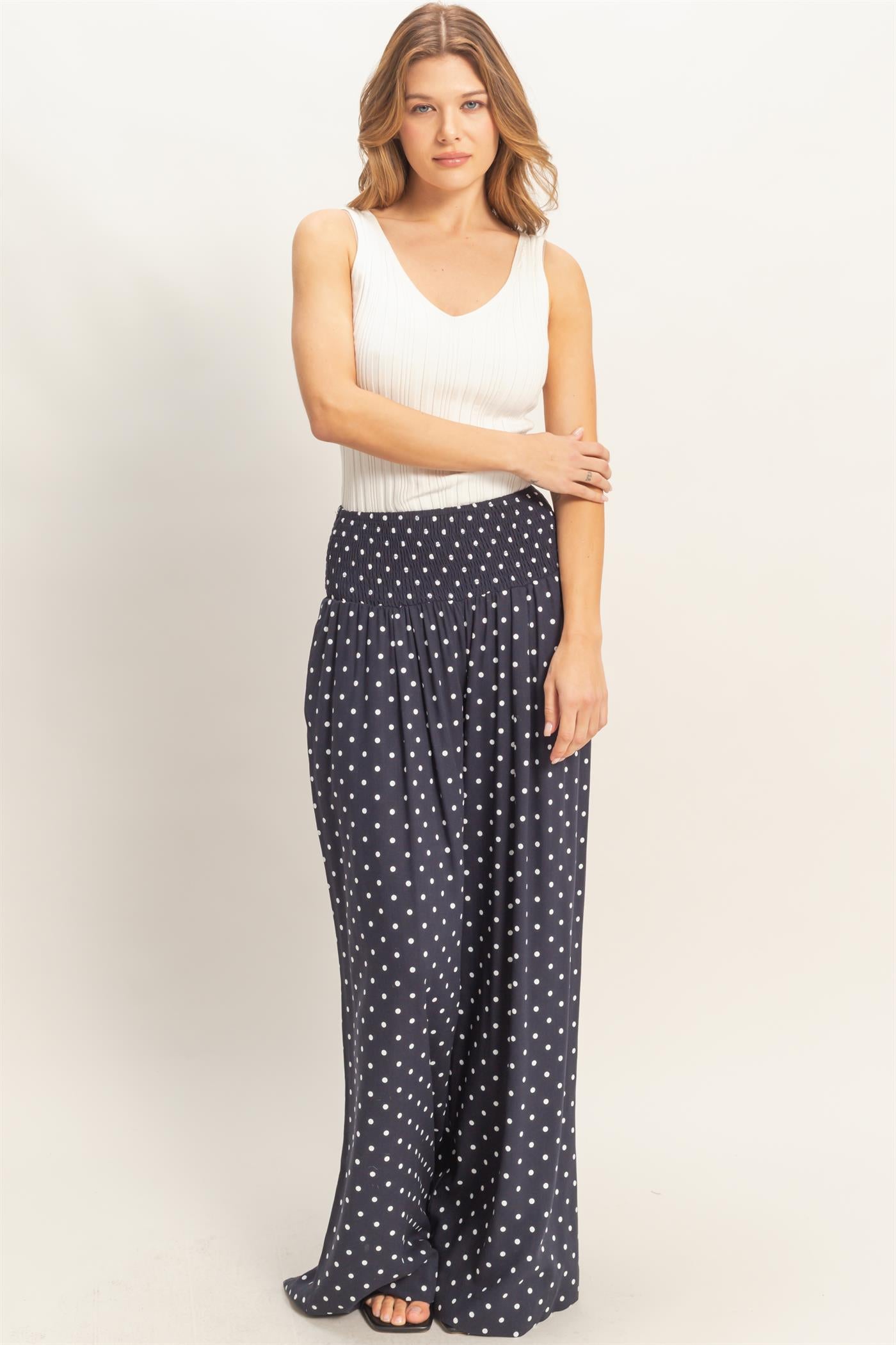 Wholesale Polka Dot Elastic Wide-Leg Pants Pants HF26C280 NAVY HYFVE