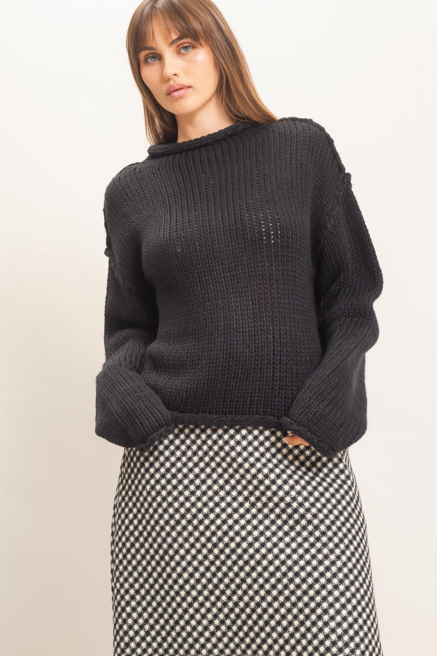 Wholesale Rolled Collar Loose Knit Sweater Sweaters HF26C859 BLACK HYFVE