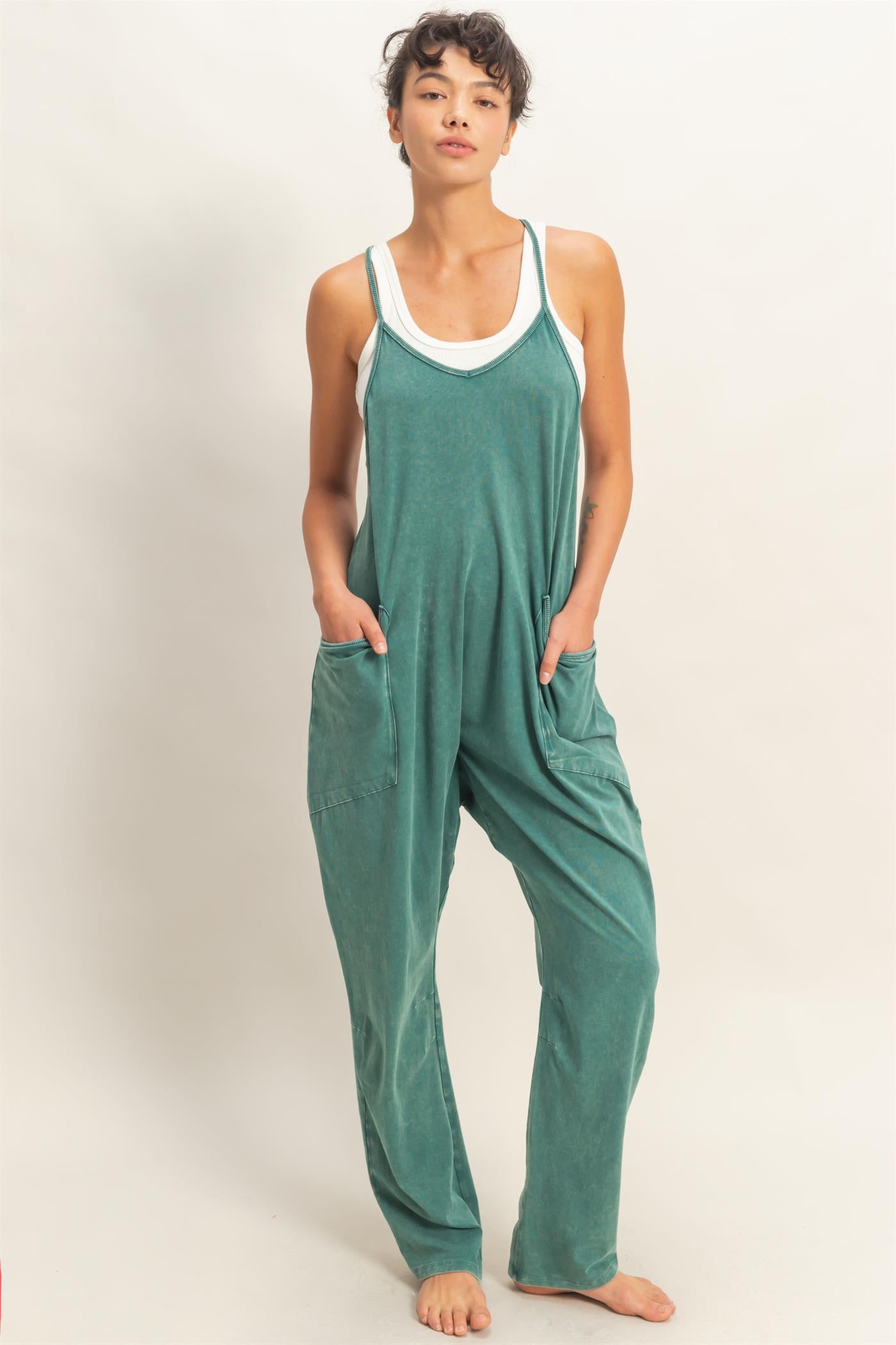 Wholesale Mineral Wash Spaghetti Strap Jumpsuit Clothing DZ26C375 DARK TEAL DOUBLE ZERO