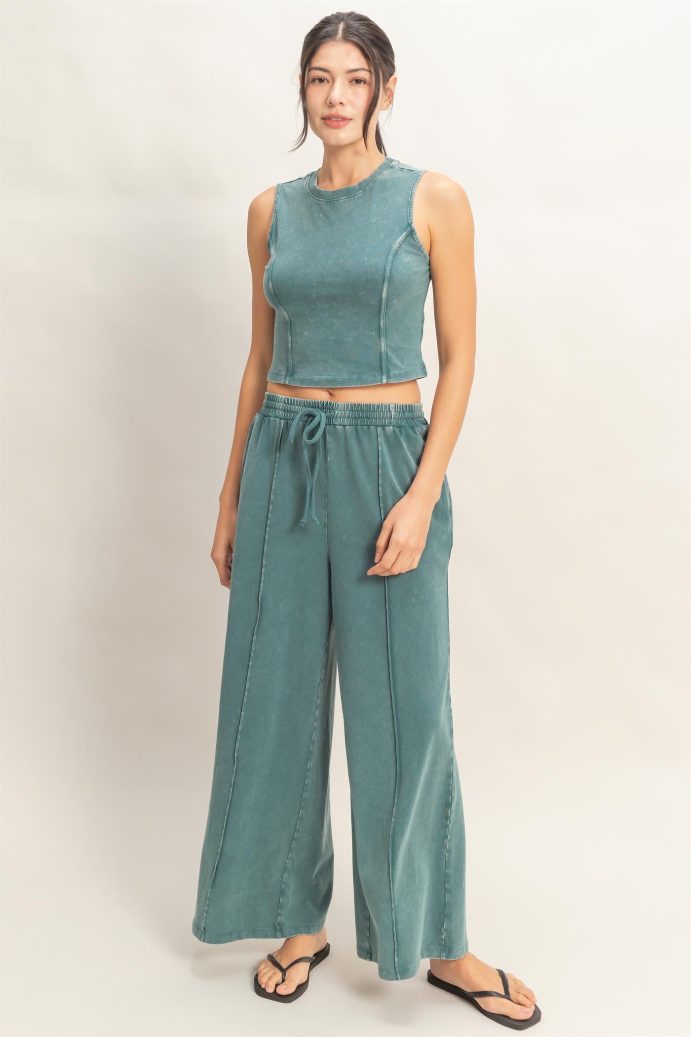Wholesale Mineral Washed Sleeveless Top & Wide Leg Pants Set Clothing DZ26A371-SET DARK TEAL DOUBLE ZERO