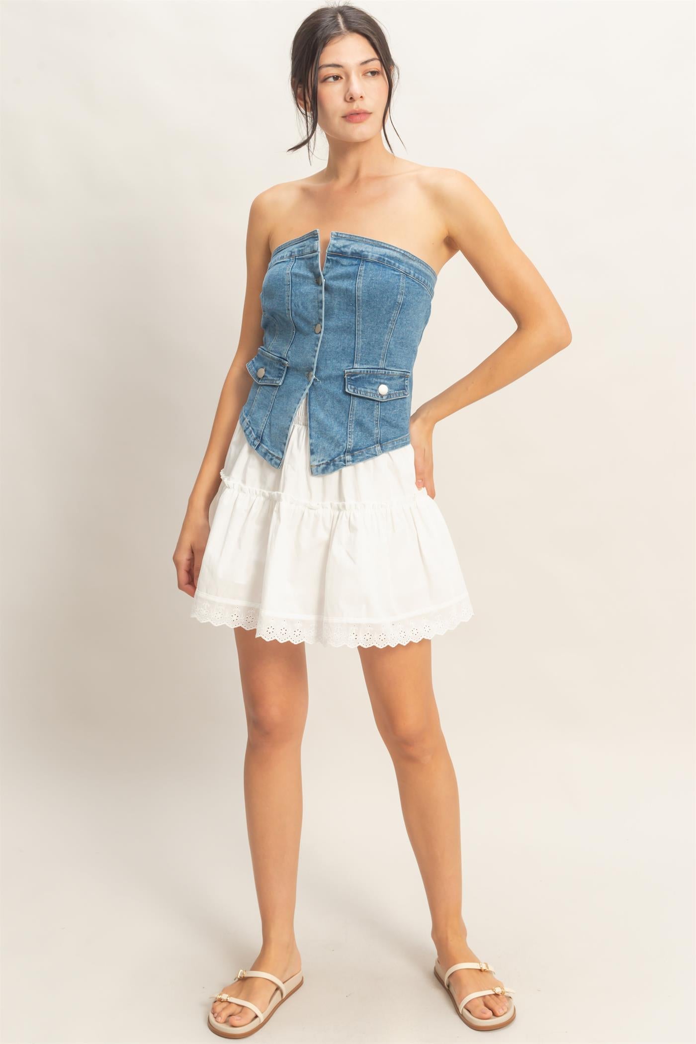 Wholesale Strapless Button-Up Denim Top Clothing Tops HF26A410 L.DENIM HYFVE