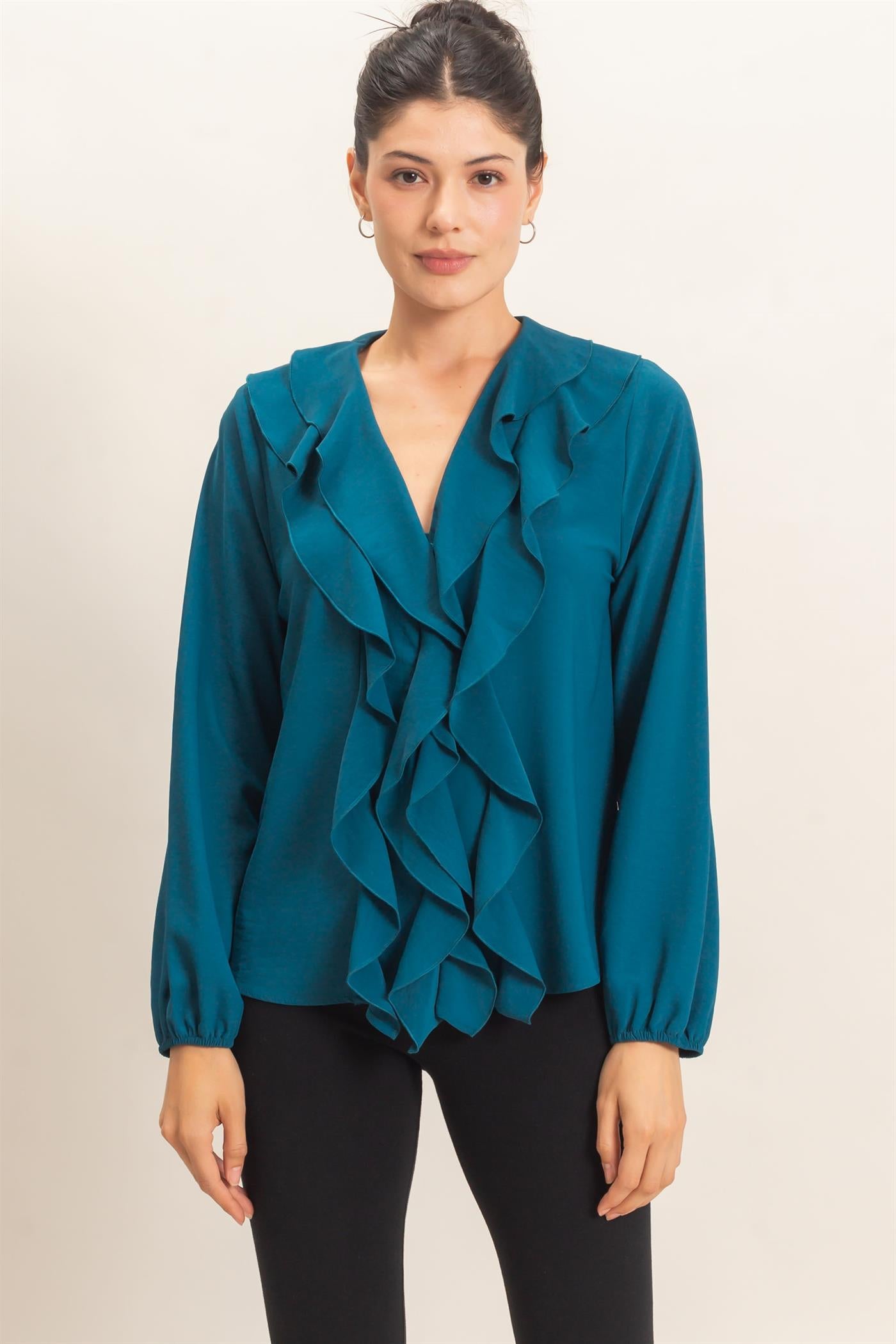 Wholesale Ruffled V-Neck Button-Up Blouse Blouses HF26C739 TEAL HYFVE
