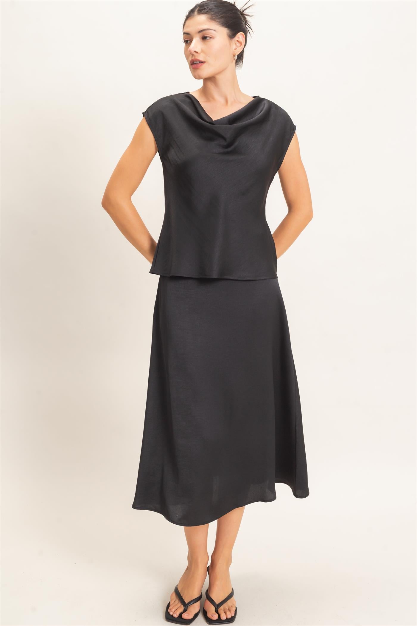 Wholesale Satin Cowl Neck Top And Skirt Set Clothing HF26C690-SET BLACK HYFVE