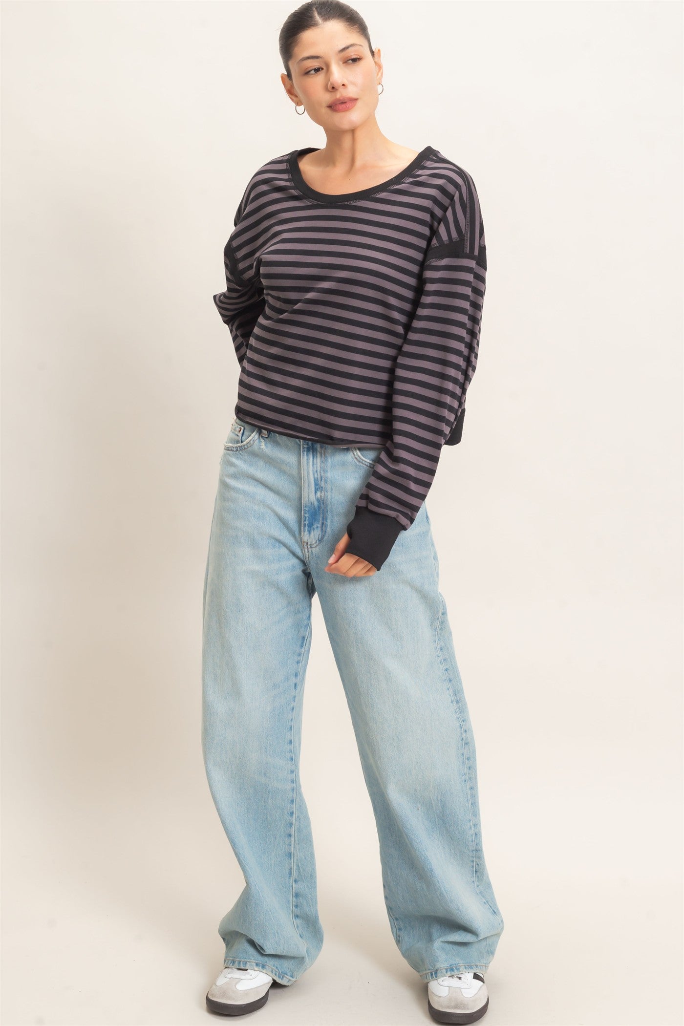 Wholesale Striped Long Sleeve Top Clothing Tops HF26C908-D CHARCOAL HYFVE