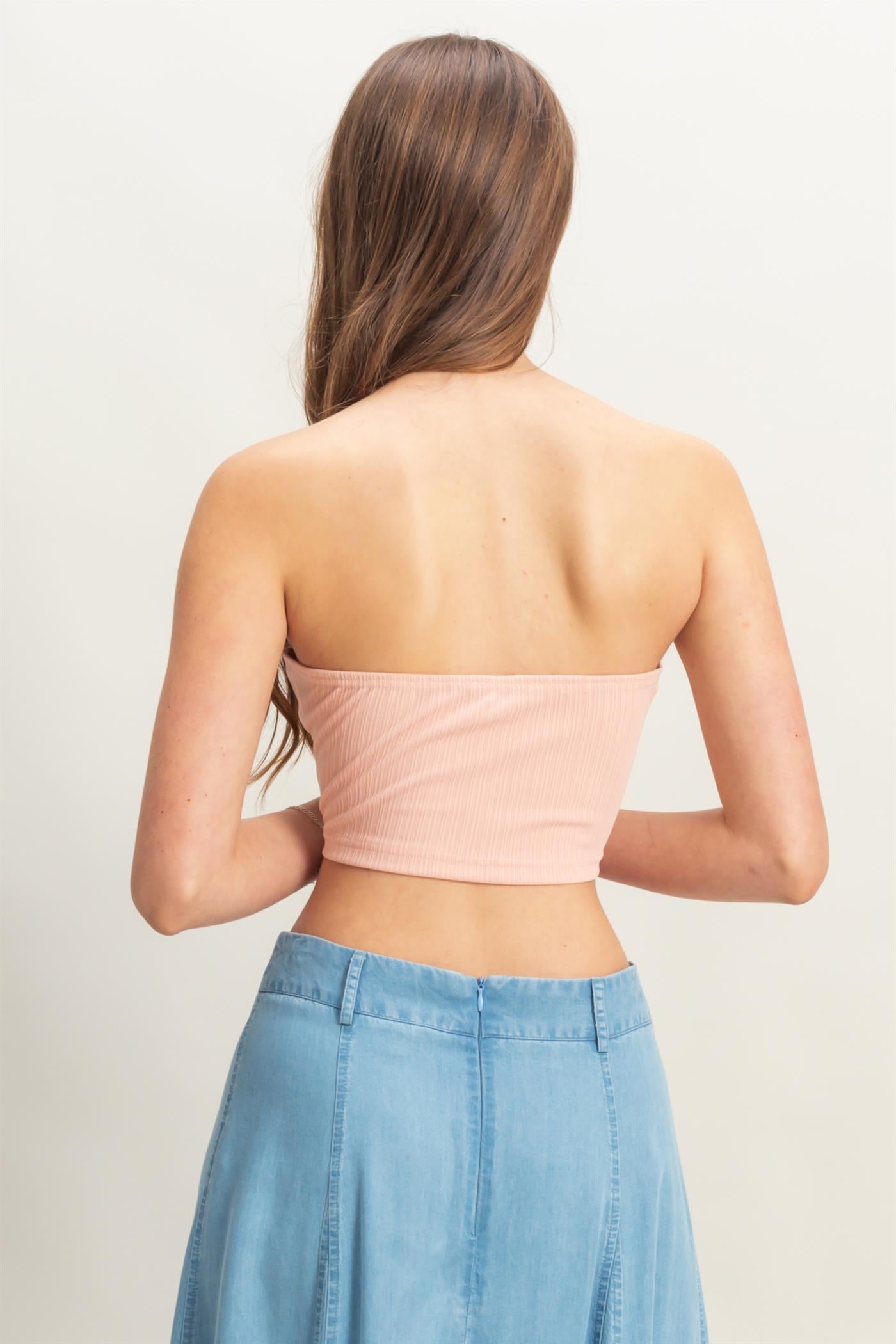 Wholesale Buttoned Front Strapless Knit Bustier Top Clothing Tops HF25A209 PEACH HYFVE