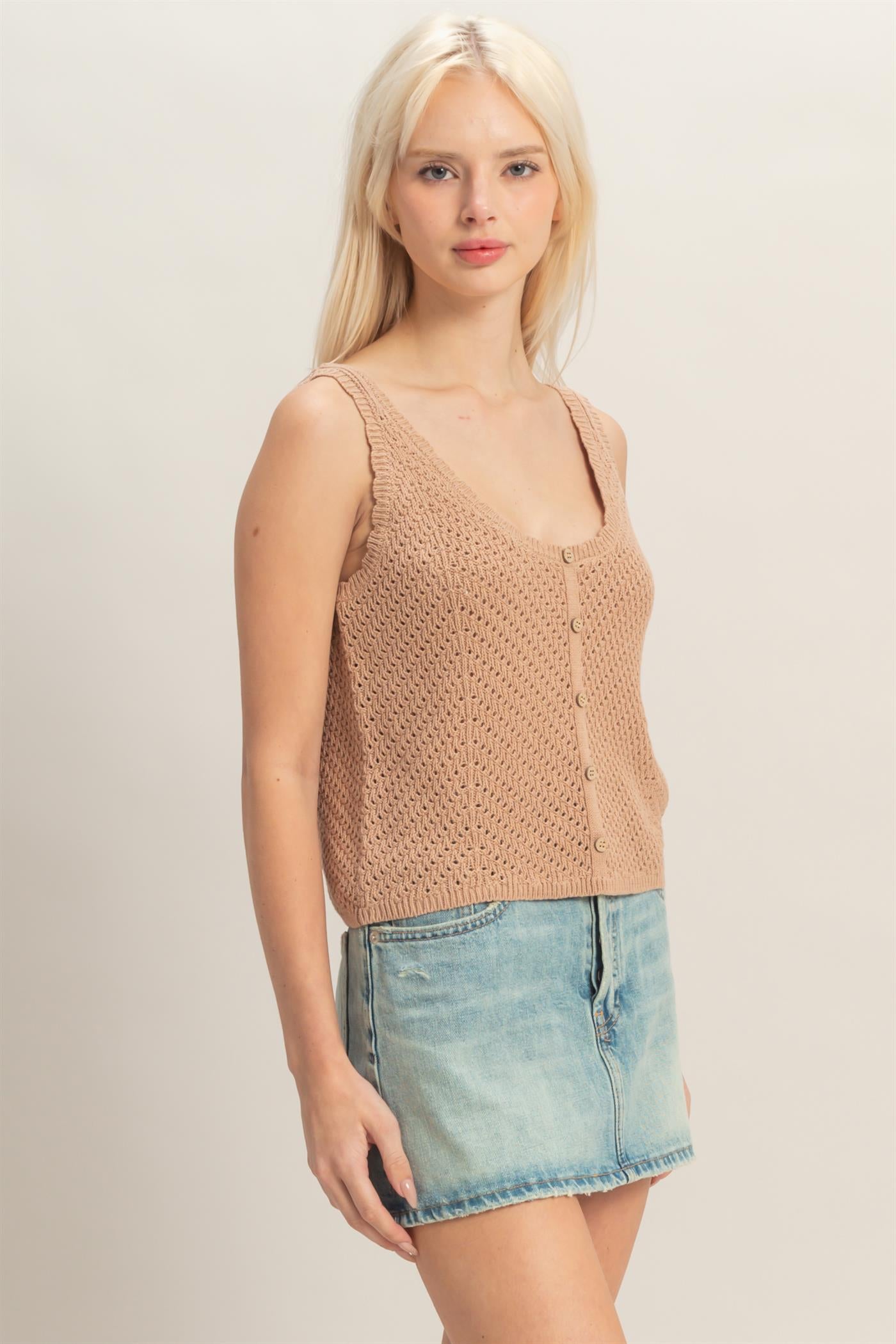 Wholesale Open Knit Scallop Edge Button Front Tank Top Tank Tops DZ26A221 DARK TAUPE DOUBLE ZERO