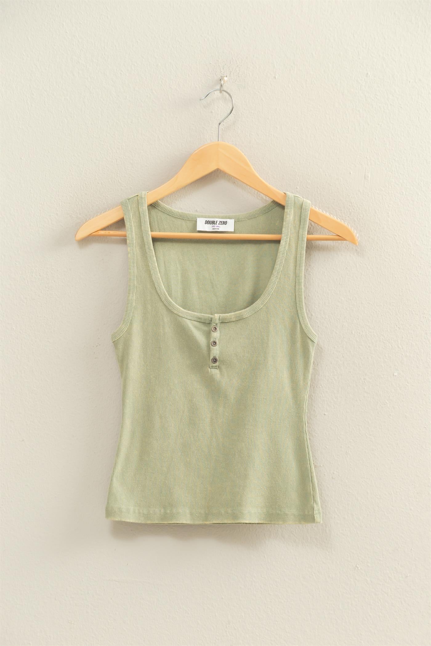 Wholesale Acid Washed Henley Ribbed Tank Top Tank Tops DZ26C661 SAGE GREEN DOUBLE ZERO