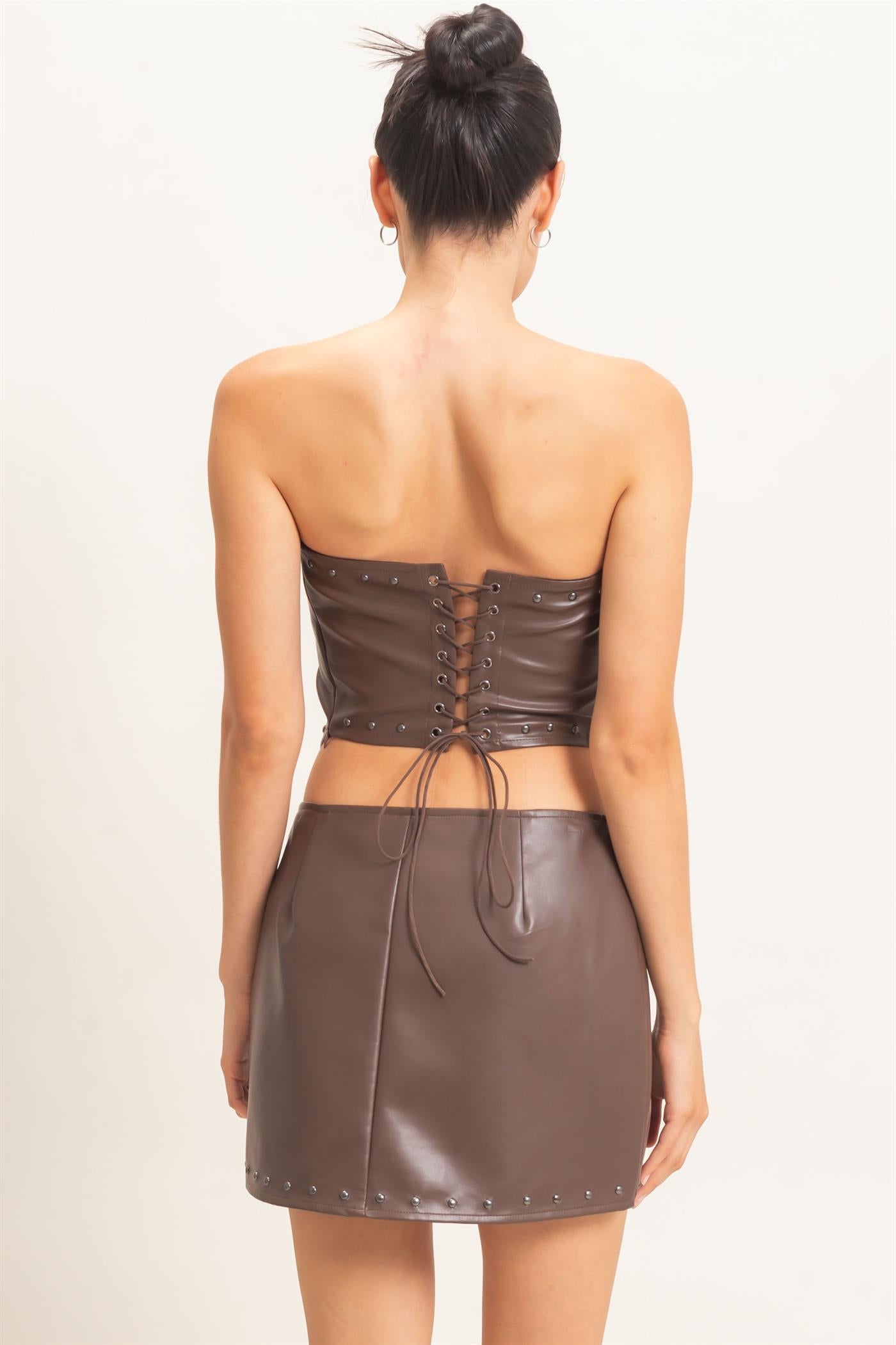 Wholesale Strapless Faux Leather Studded Top Clothing Tops HF26E699 DARK BROWN HYFVE