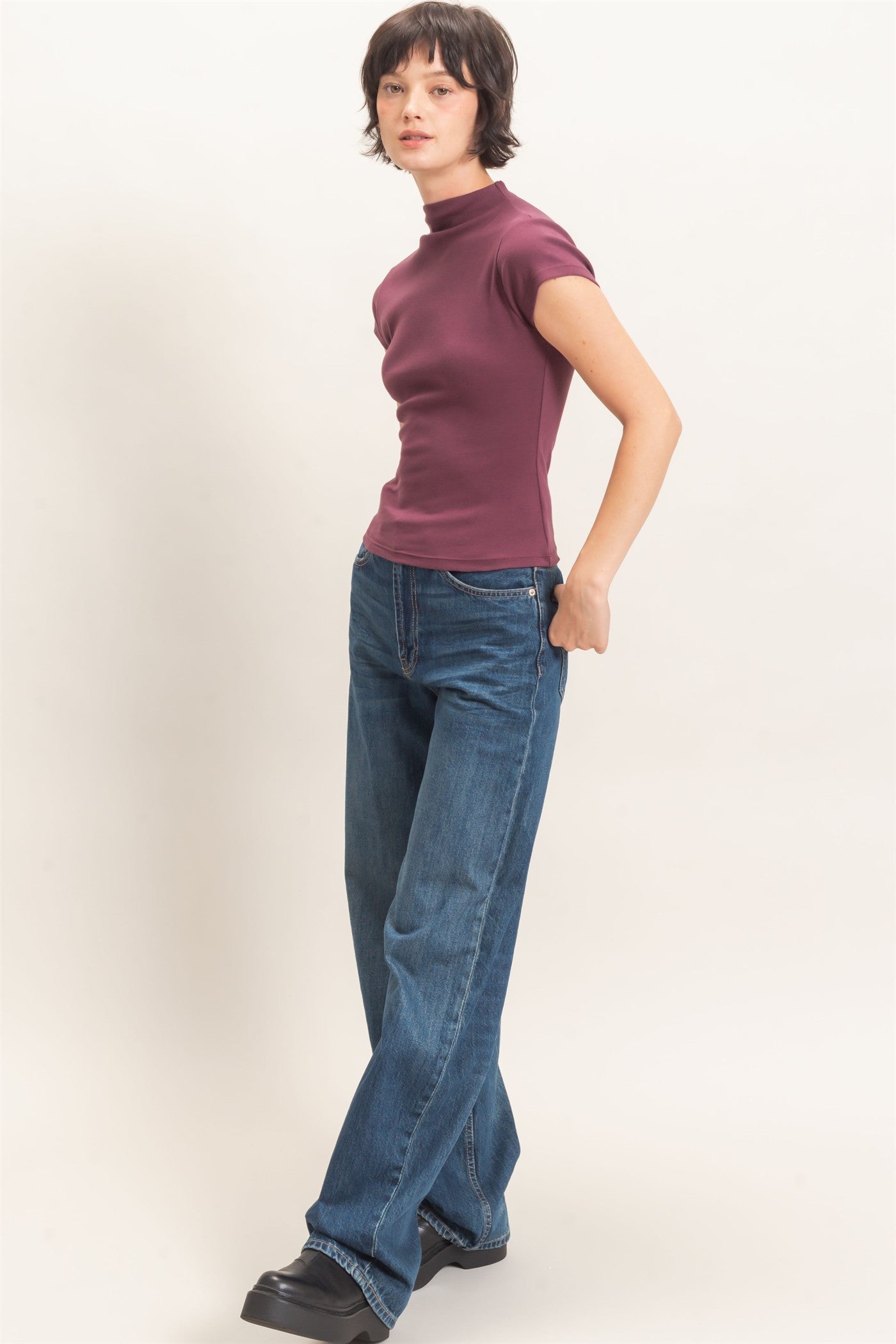 Wholesale Mock Neck Cap Sleeve Top Clothing Tops DZ26E323 DARK CHERRY DOUBLE ZERO