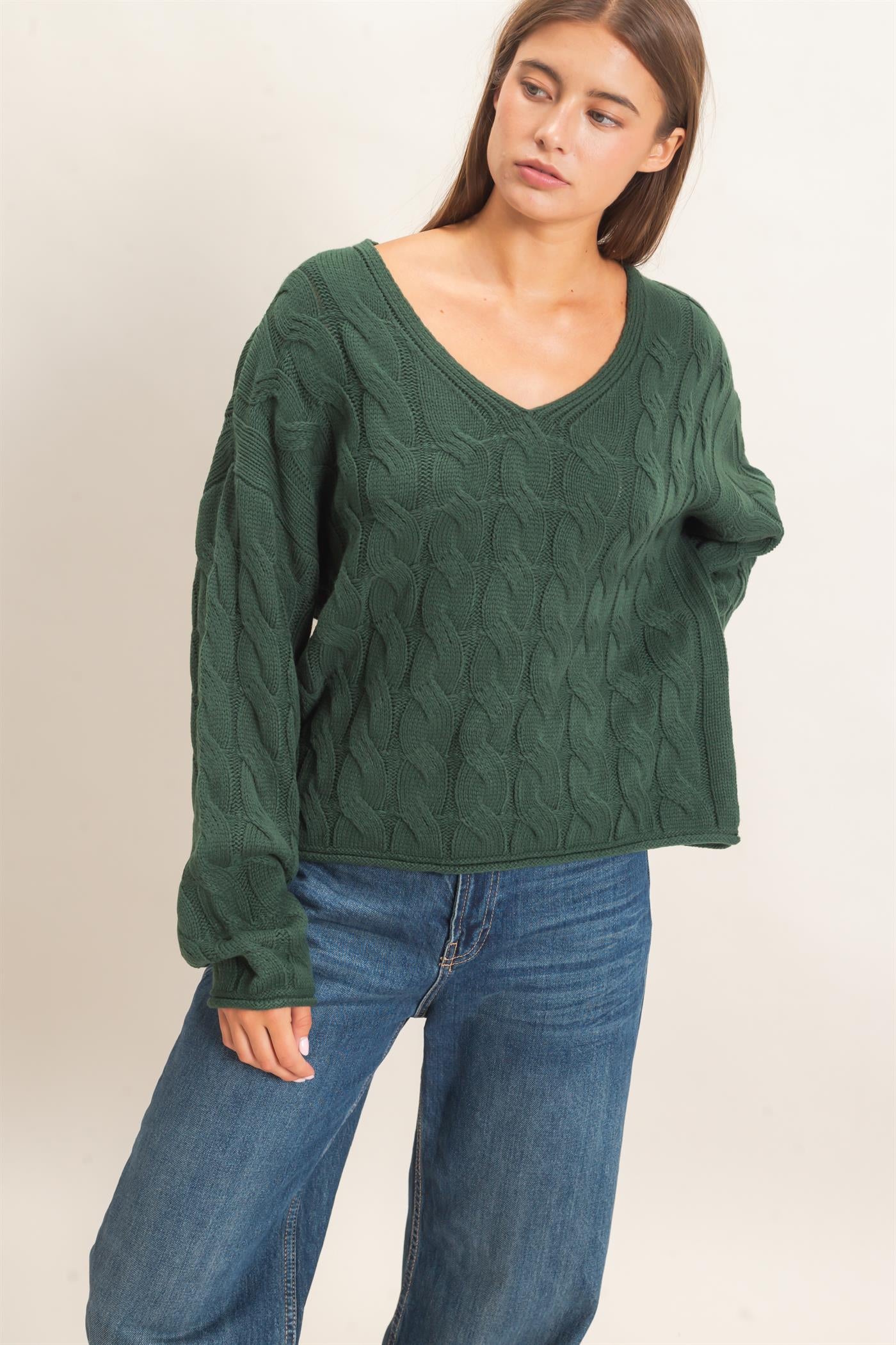 Wholesale Cable Knit V-Neck Sweater Sweaters DZ26E087 DARK GREEN DOUBLE ZERO