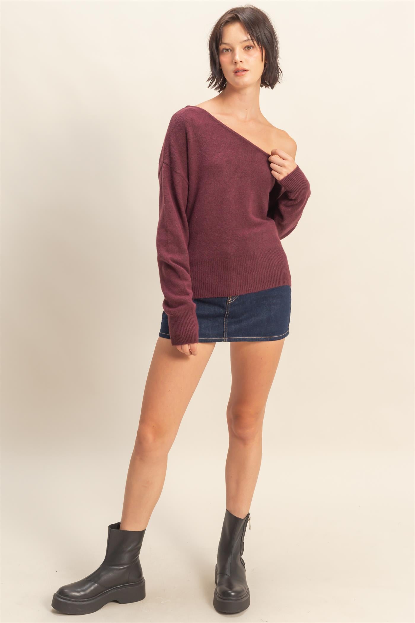 Wholesale Asymmetric Off-Shoulder Sweater Sweaters DZ25F121 DARK CHERRY DOUBLE ZERO