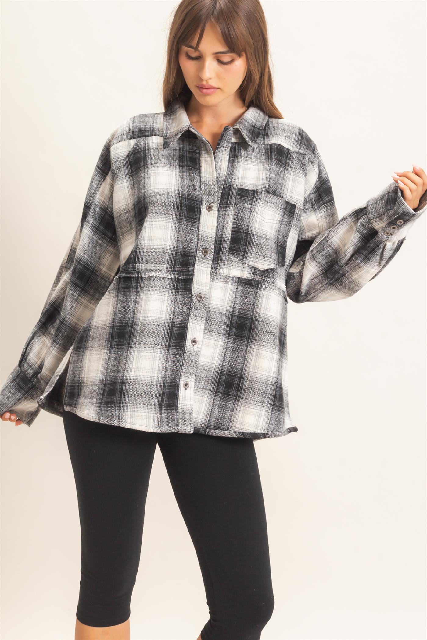 Wholesale Plaid Flannel Shirt Clothing Tops HF26C863 BLACK HYFVE