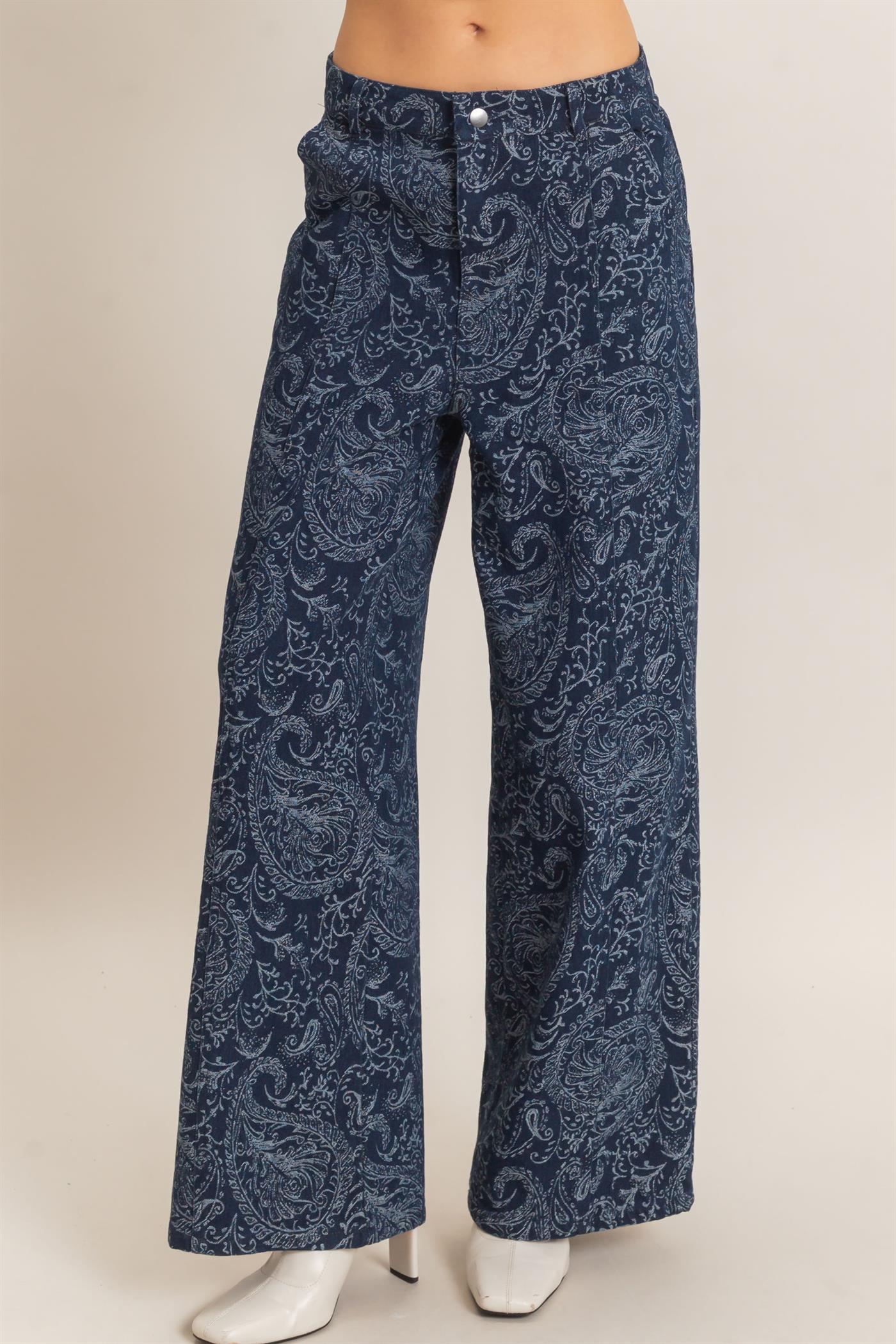 Wholesale Paisley Print Wide-Leg Pants Pants HF26F024 NAVY HYFVE