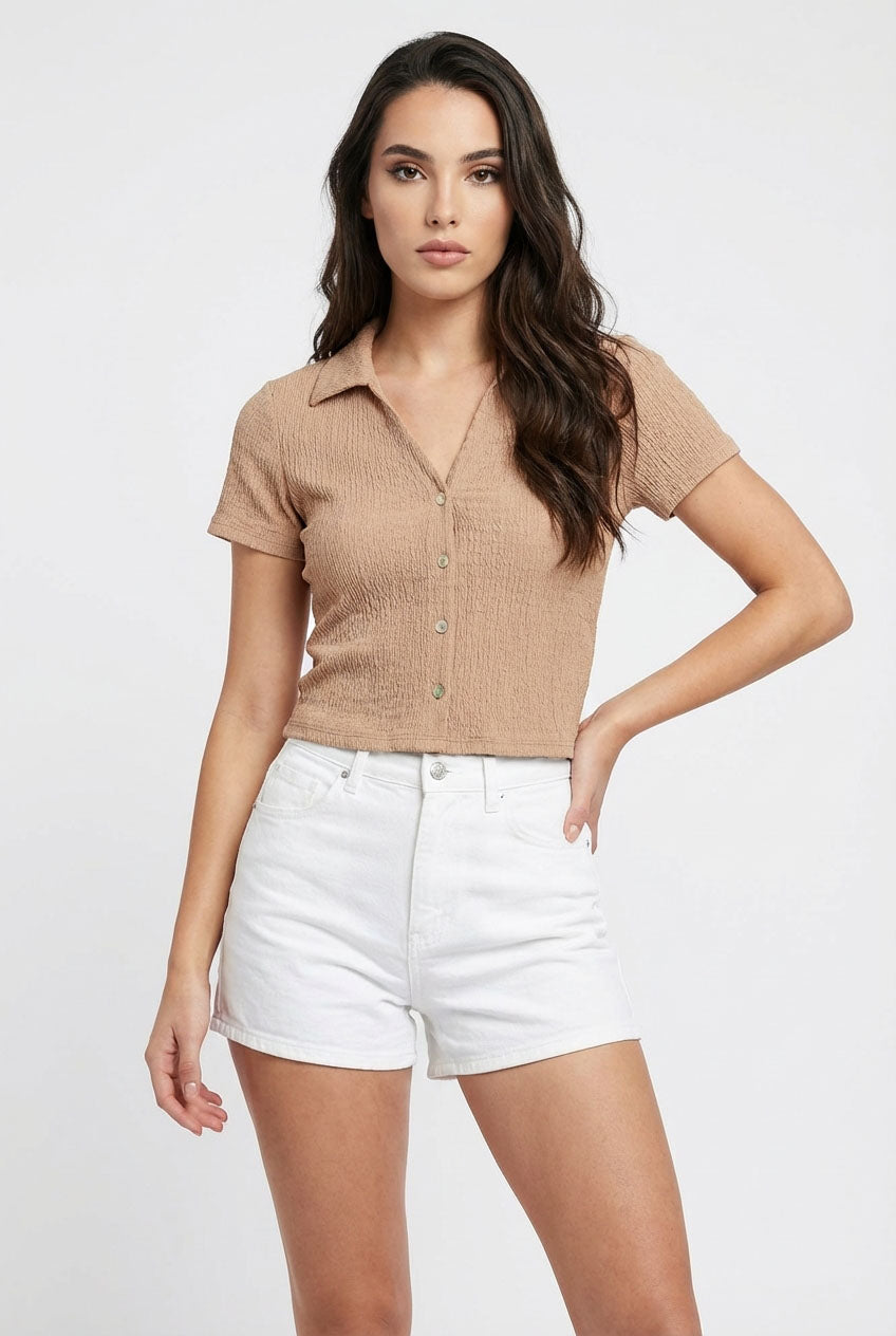 Wholesale Crinkle Knit Button Front Top Clothing Tops DZ24A757 TAN DOUBLE ZERO