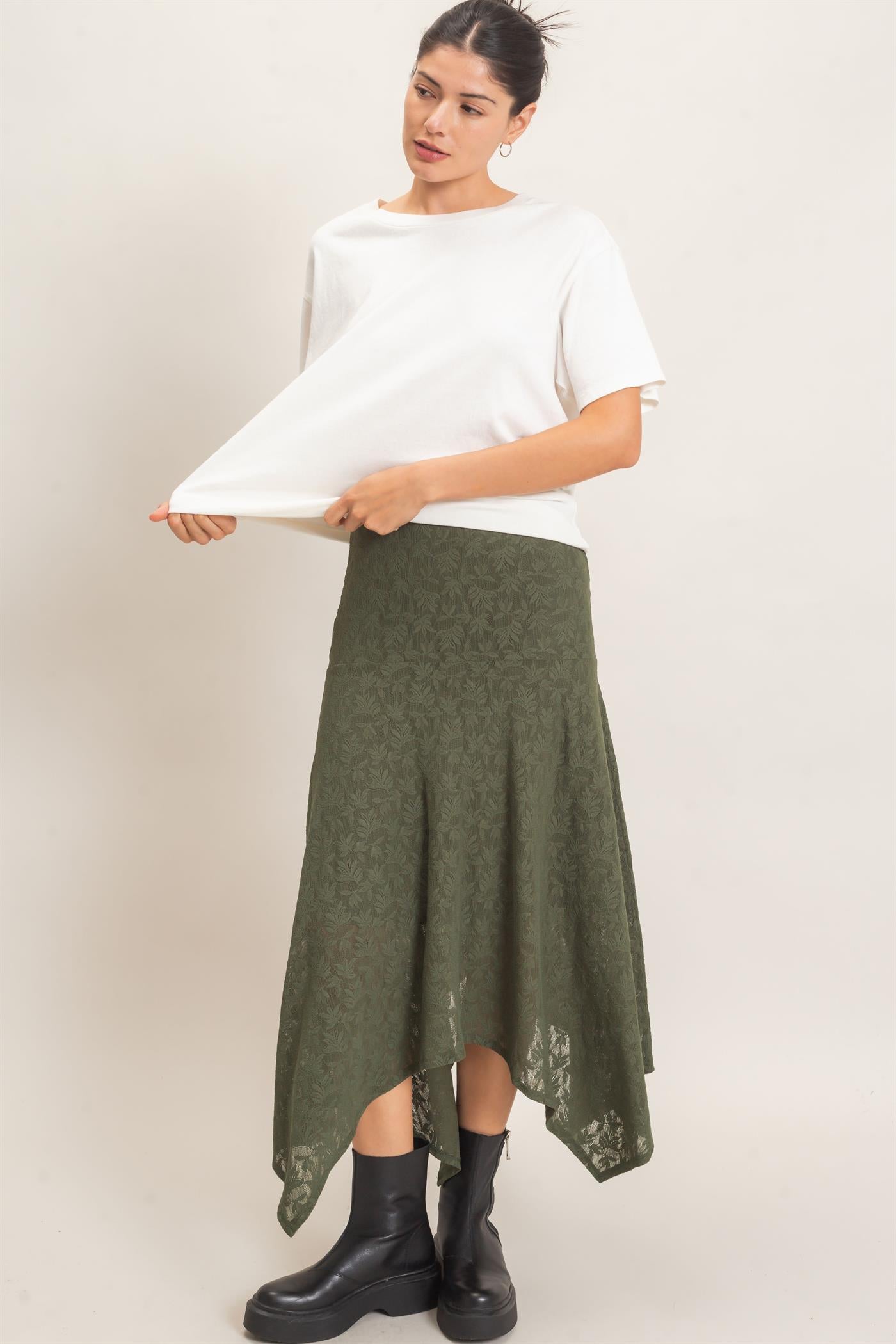 Wholesale Floral Lace Hanky Hem Skirt Skirts HF26E371 HUNTER GREEN HYFVE