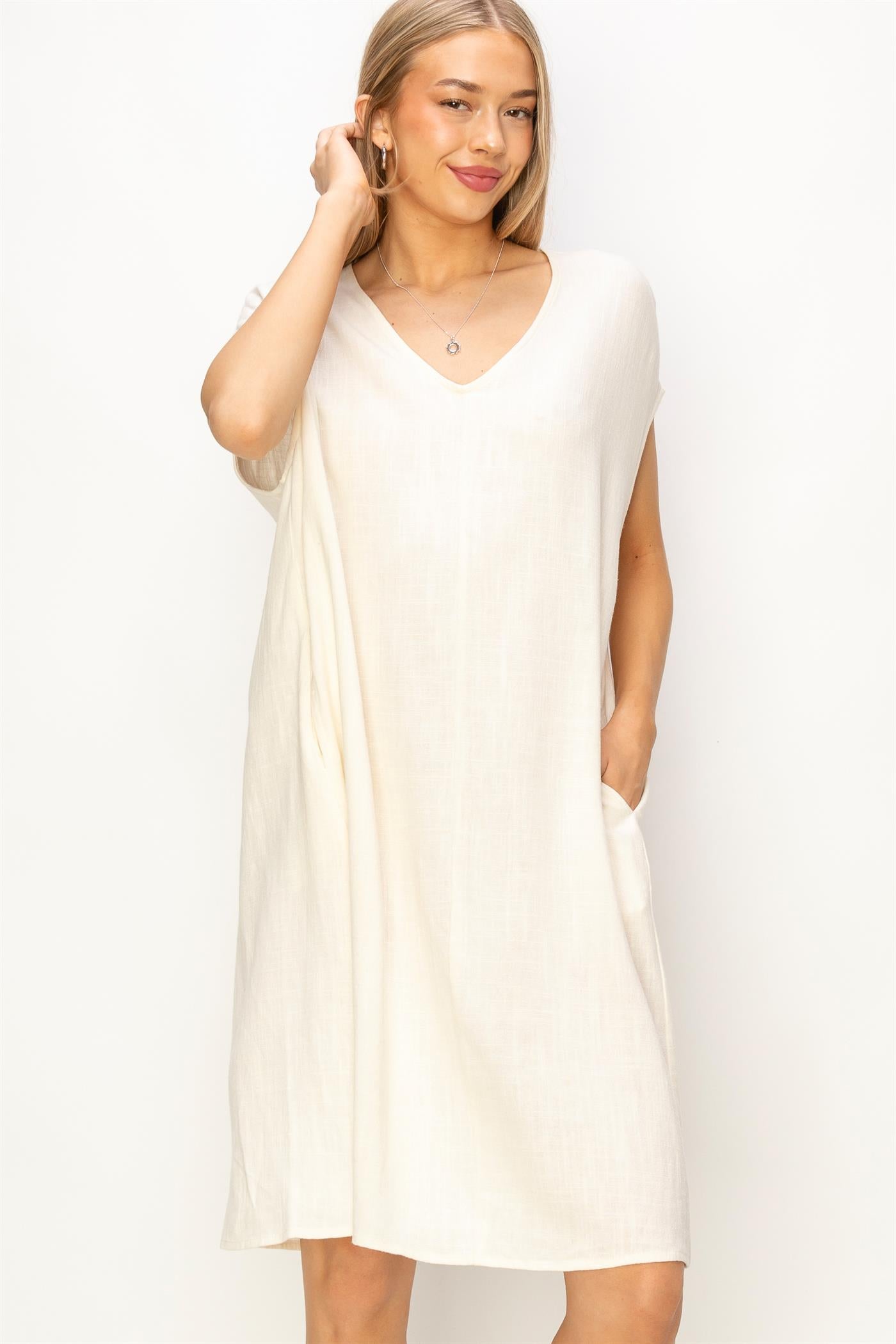 Wholesale V-Neck Oversized Linen Midi Dress Dresses DZ23E033-D CREAM DOUBLE ZERO