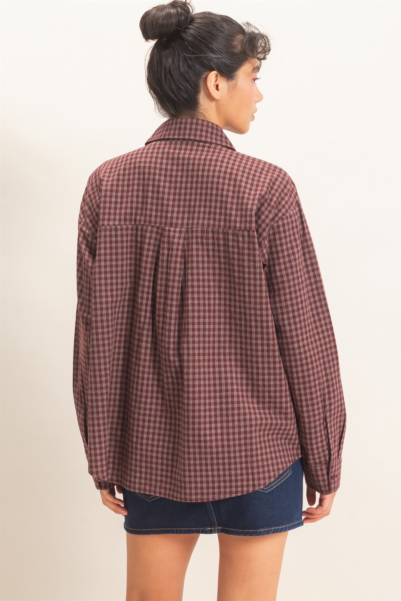 Wholesale Plaid Button-Up Shirt Shirts DZ26F012 BURGUNDY DOUBLE ZERO