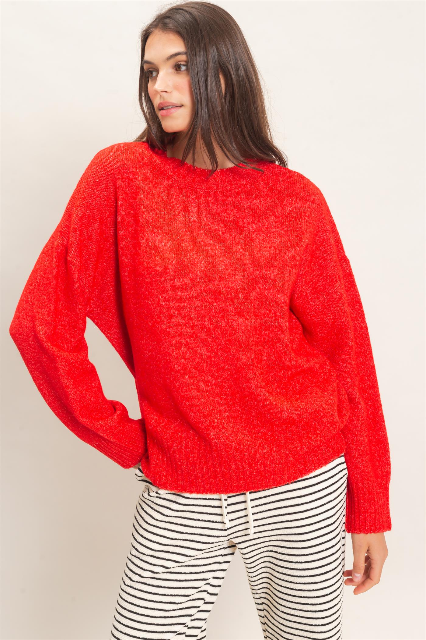 Wholesale Ribbed Crew Neck Sweater Sweaters HF26F179-D RED HYFVE