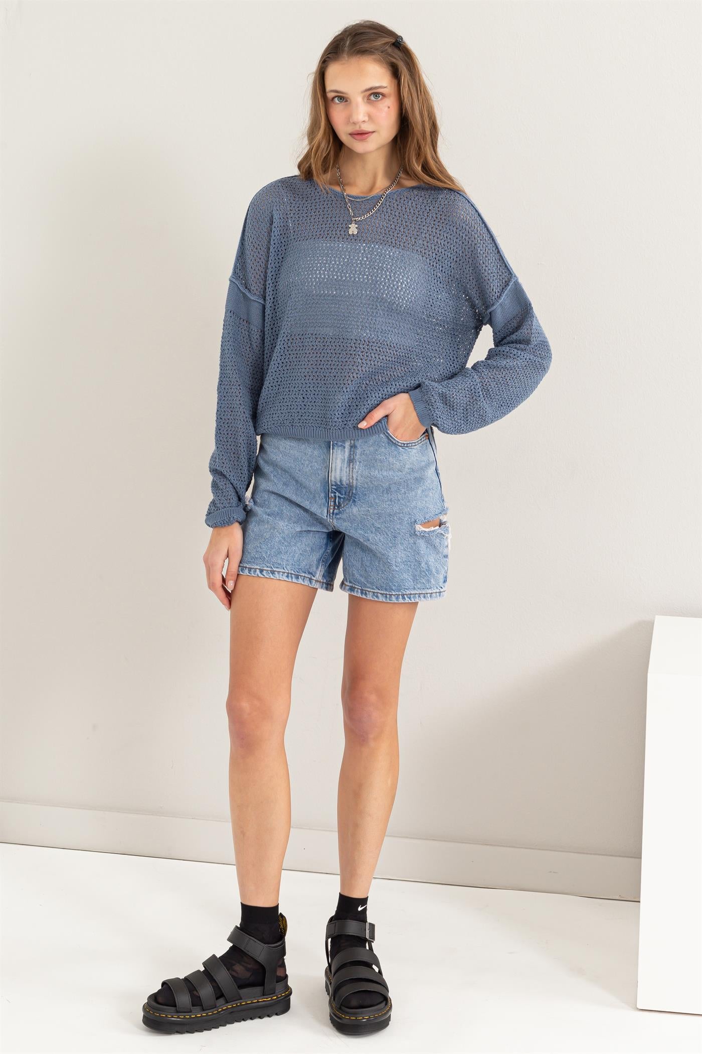 Wholesale Open Knit Drop Shoulder Sweater Clothing Tops DZ24C033 GRAY BLUE DOUBLE ZERO