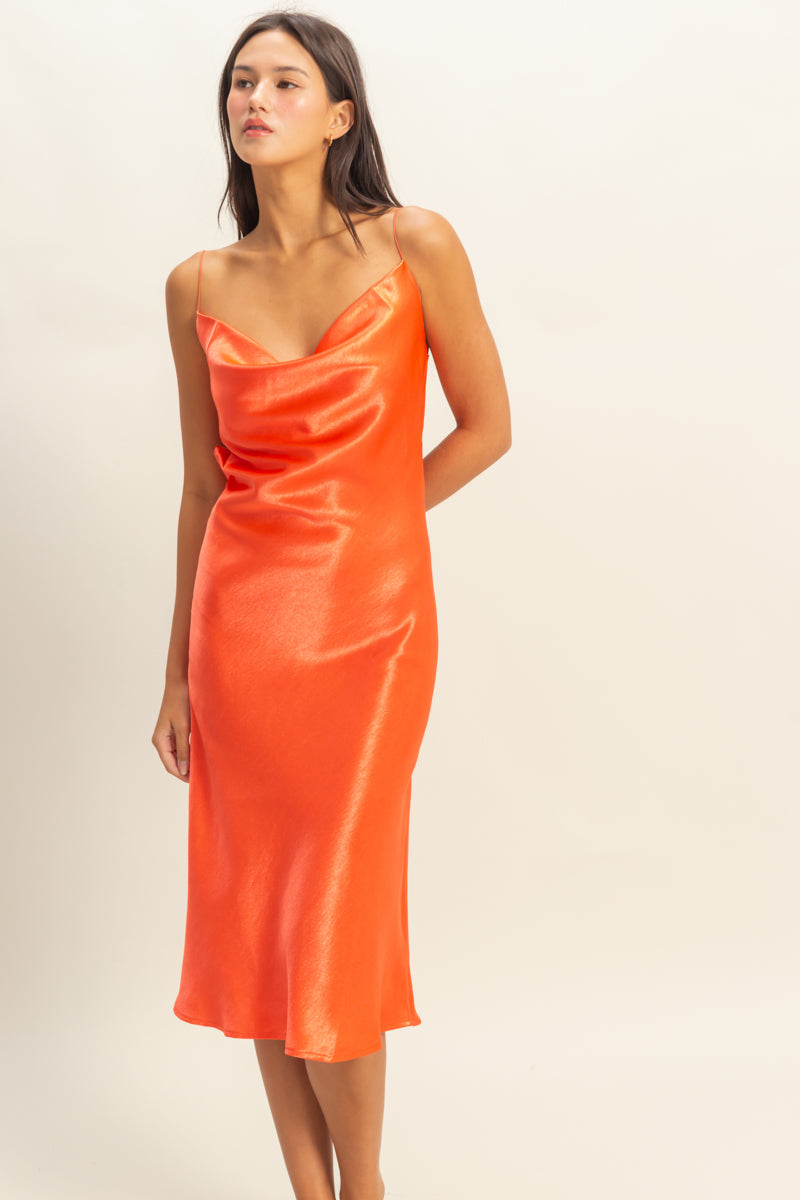 Wholesale Cowl Neck Satin Midi Dress Dresses DZ22A734 NEON RED DOUBLE ZERO