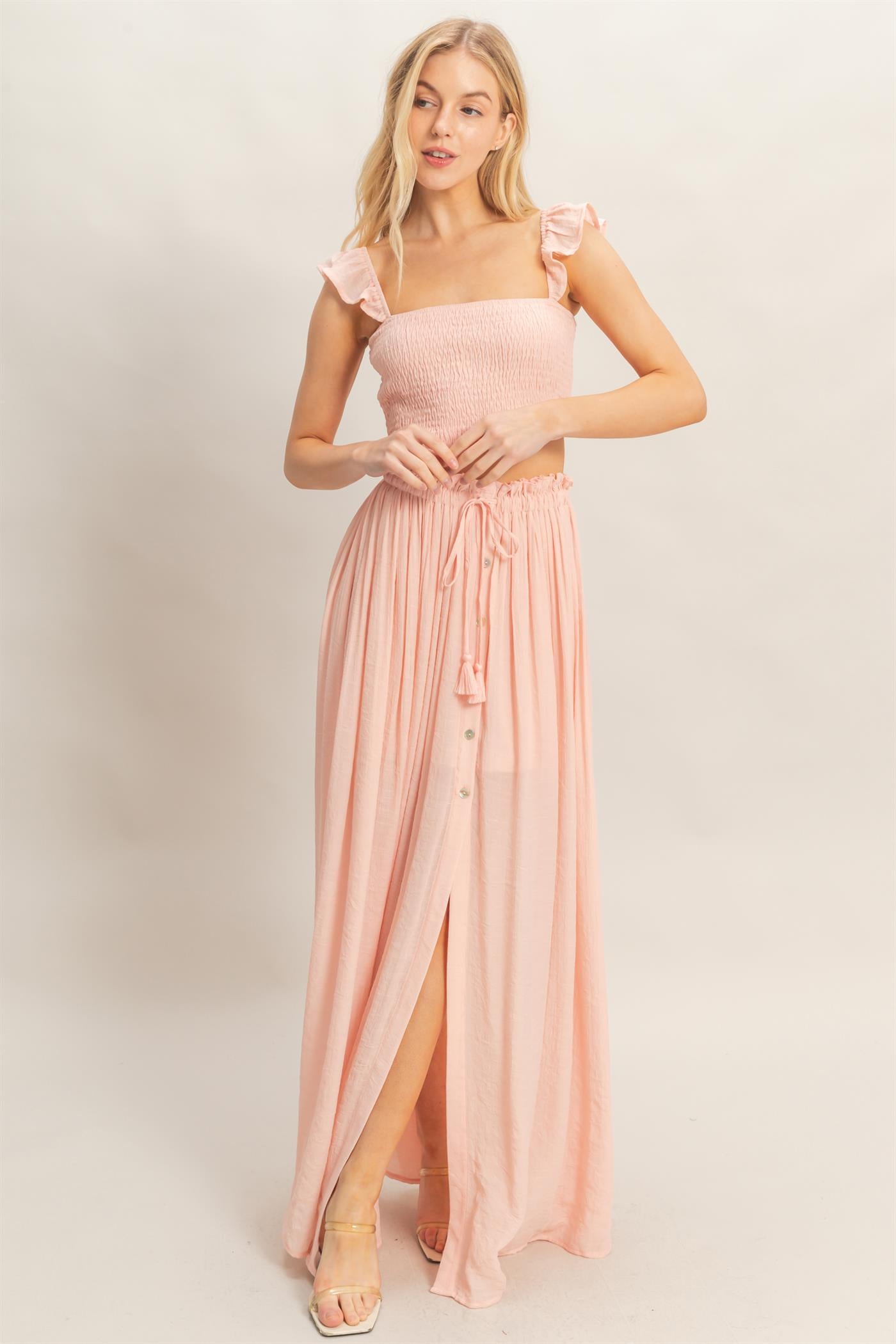 Wholesale Smocked Top & Maxi Skirt Set Clothing HF26C292-SET-D LIGHT PINK HYFVE