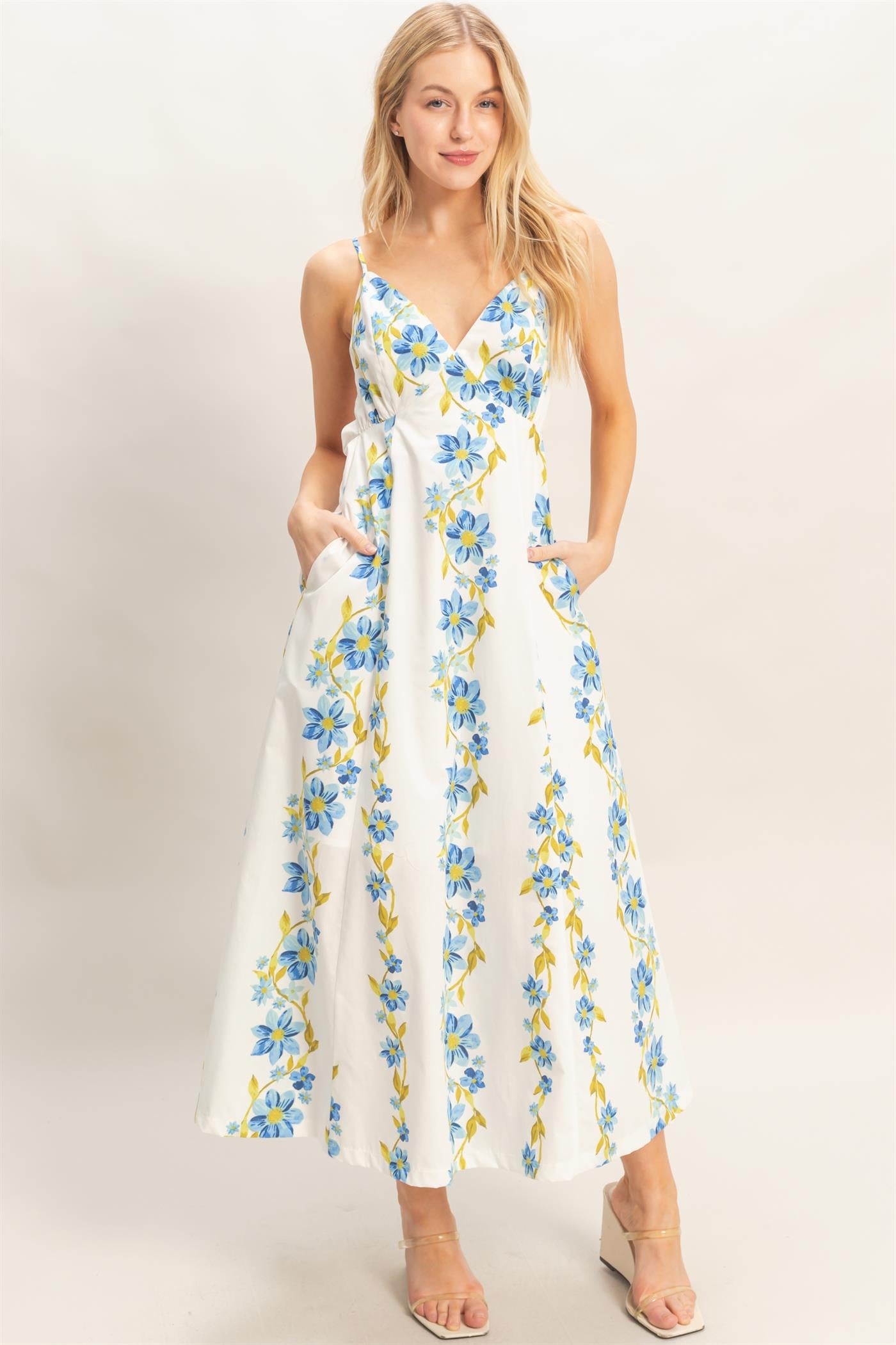 Wholesale Floral V-Neck Cami Dress Dresses HF26A493 BLUE HYFVE