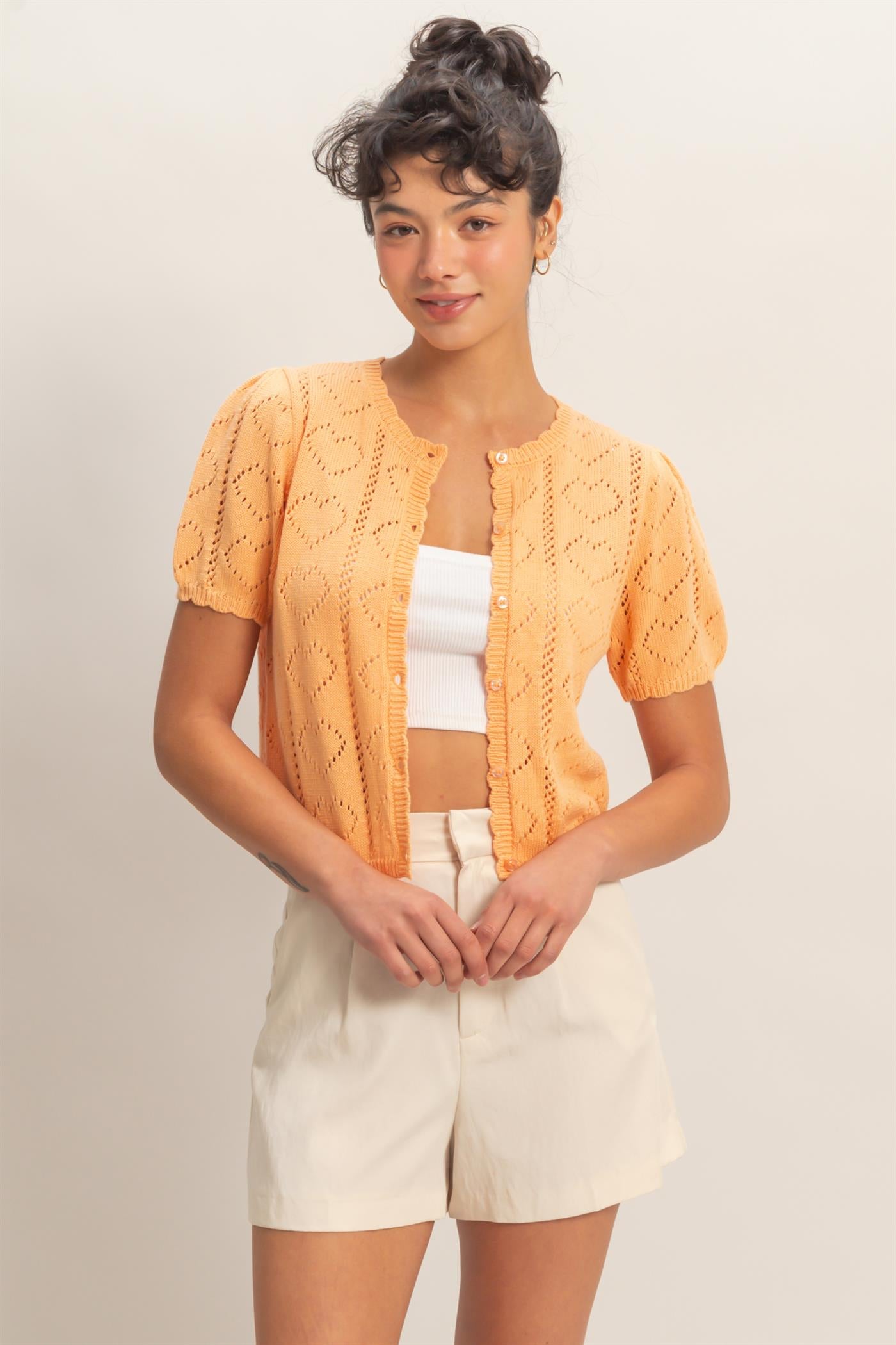 Wholesale Pointelle Knit Puff Sleeve Button Up Cardigan Cardigans DZ26A425 APRICOT HYFVE