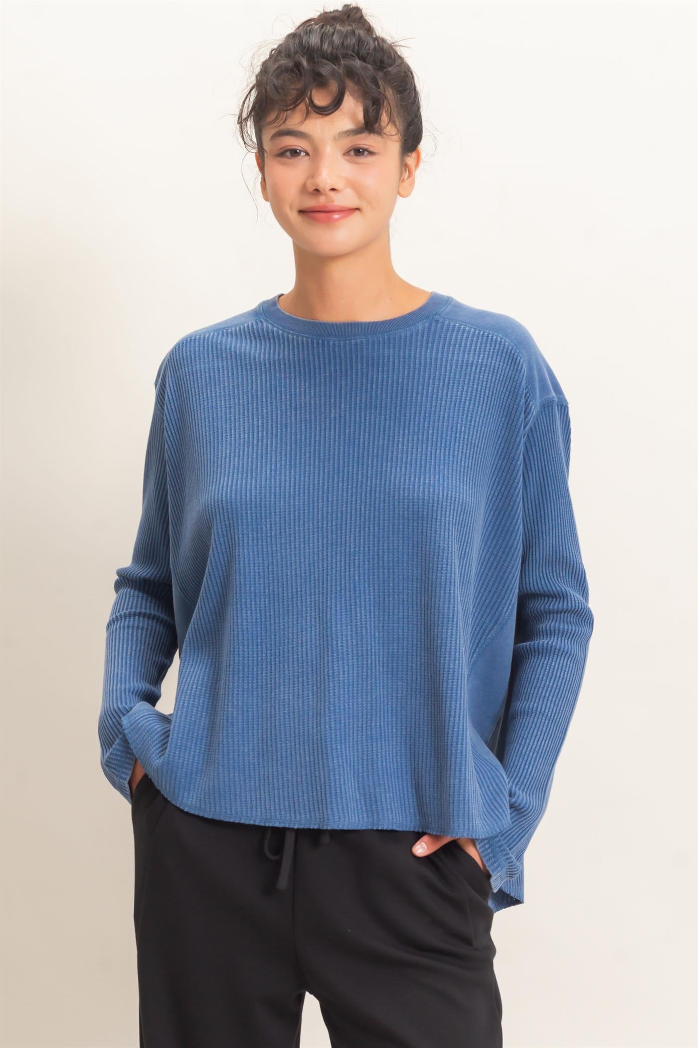 Wholesale Oversized Mineral Washed Waffle Knit Top Clothing Tops DZ26E654 NAVY DOUBLE ZERO