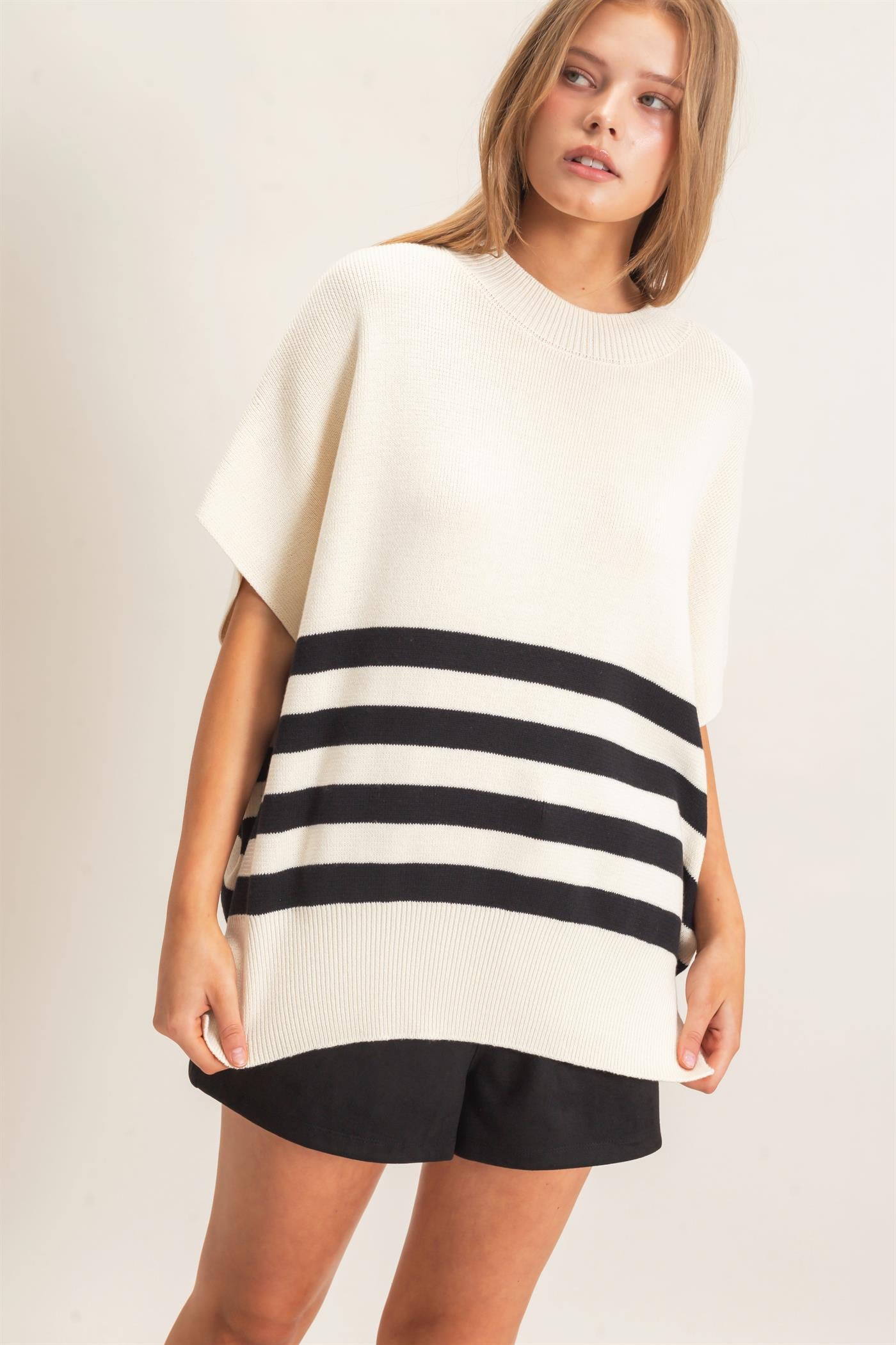 Wholesale Striped Ribbed Crew Neck Sweater Sweaters HF26E350-D CREAM HYFVE