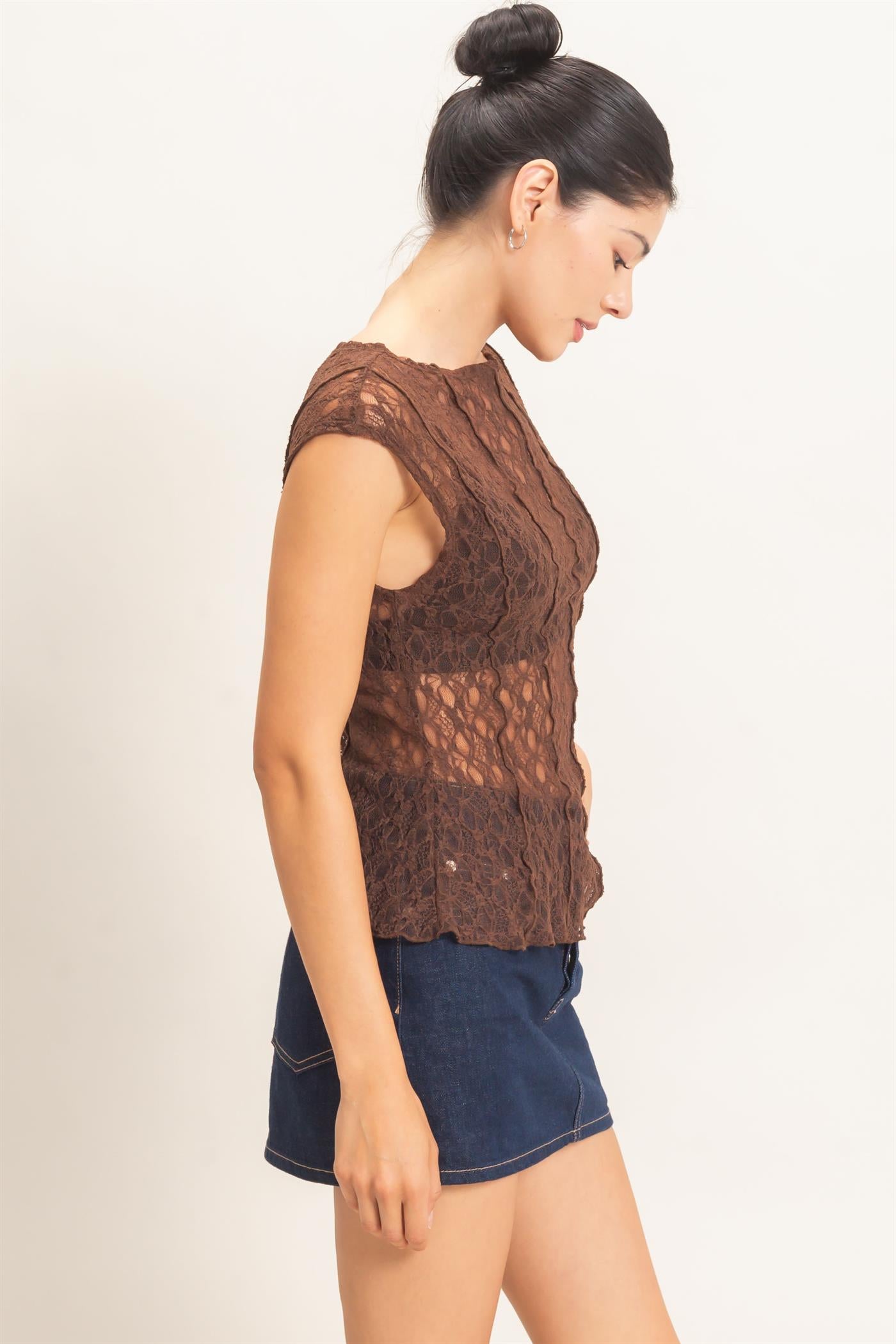 Wholesale Lace Cap Sleeve Top Clothing Tops HF26E672 CHOCOLATE HYFVE