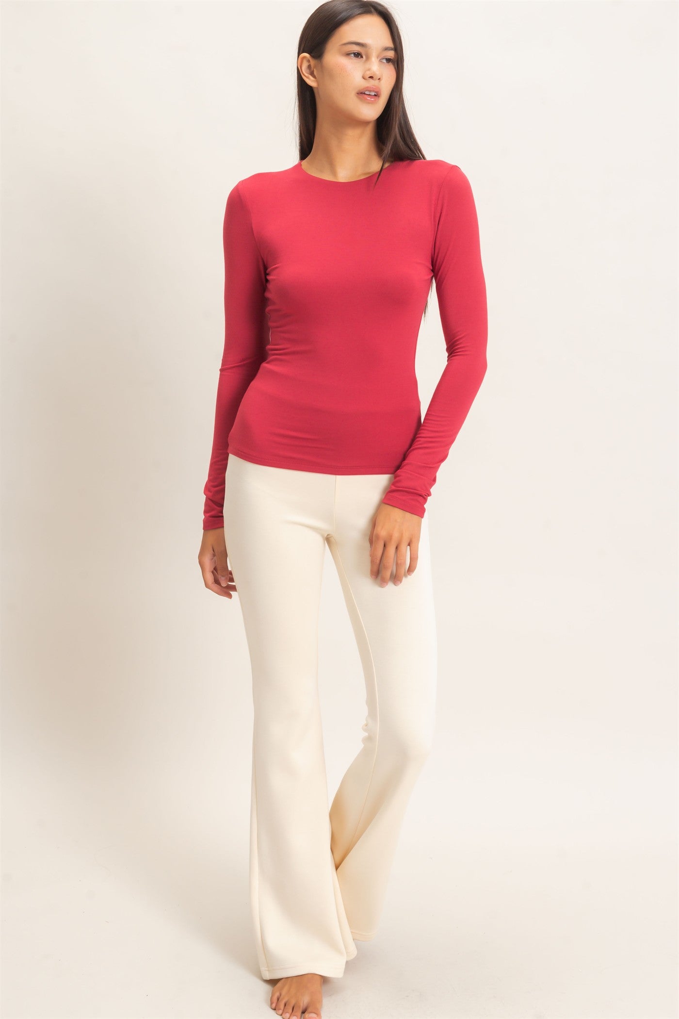 Wholesale Crew Neck Long Sleeve Top Clothing Tops DZ26E978 DARK RED DOUBLE ZERO